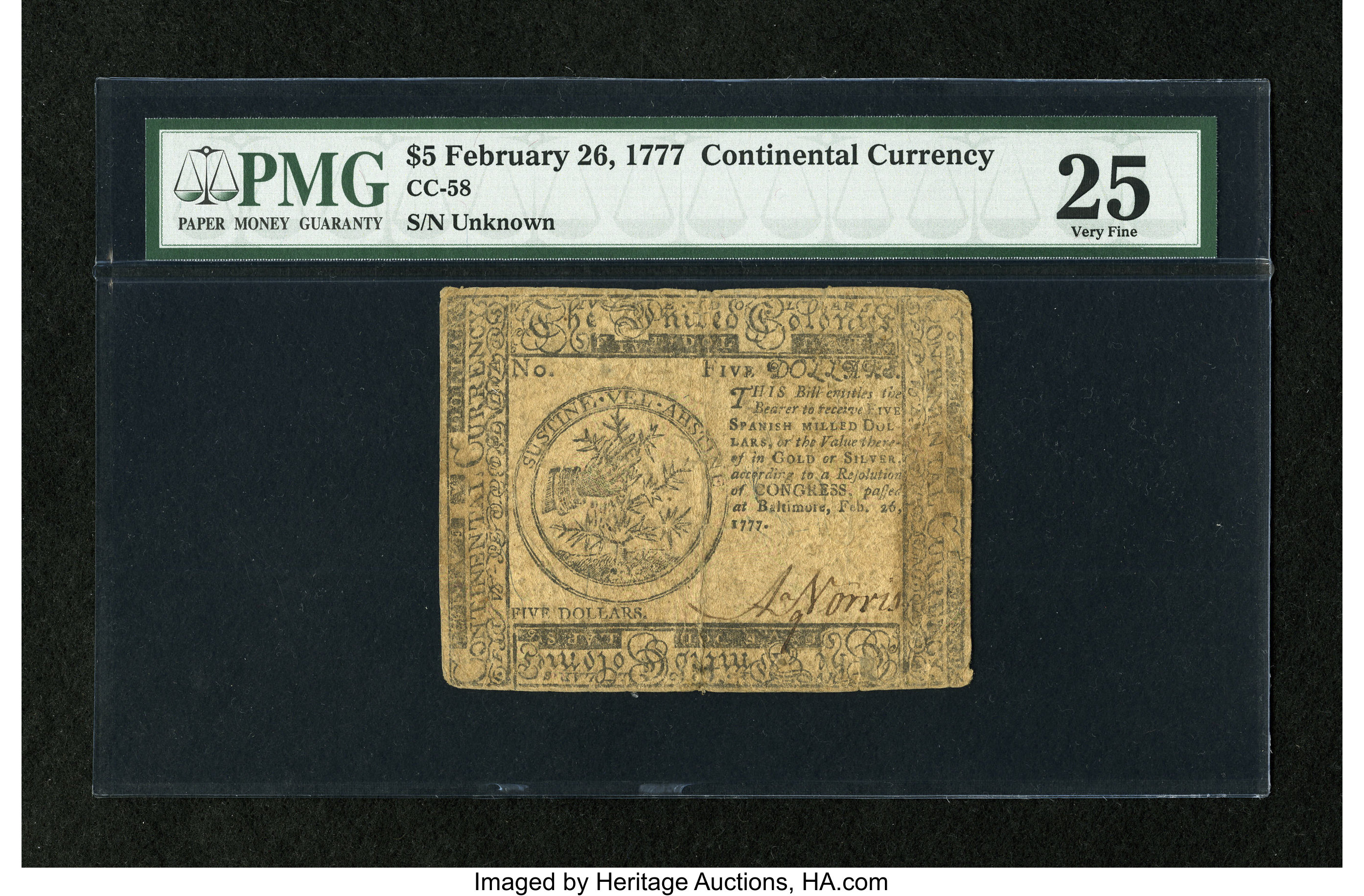 image for: Continental Currency February 26, 1777 $5 PMG Very Fine 25....