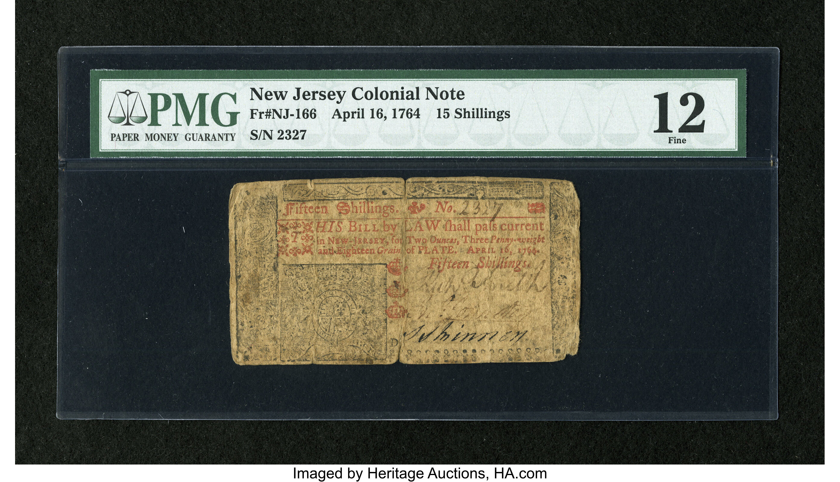 image for: New Jersey April 16, 1764 15s PMG Fine 12....