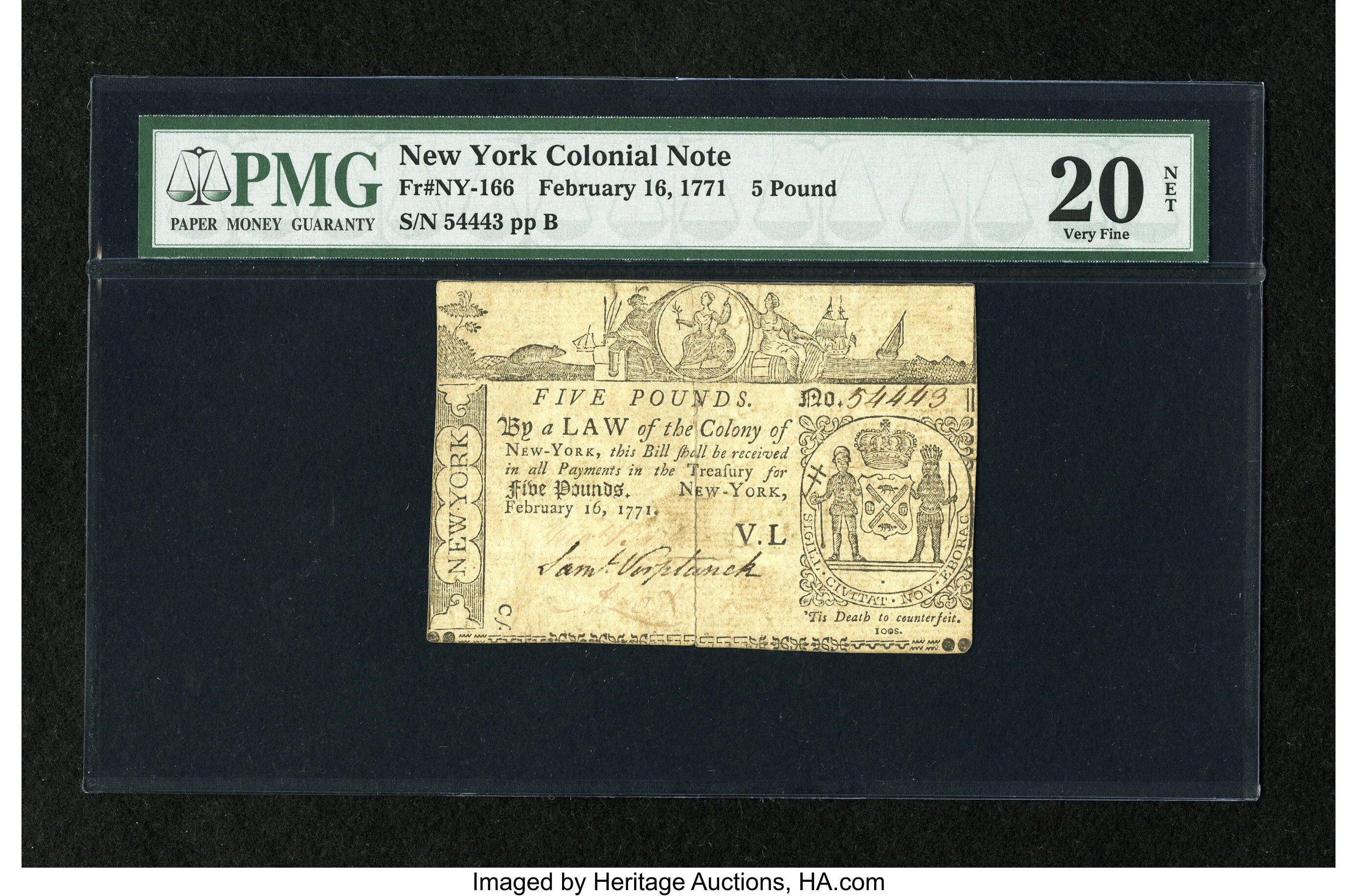 image for: New York February 16, 1771 L5 PMG Very Fine 20 Net....