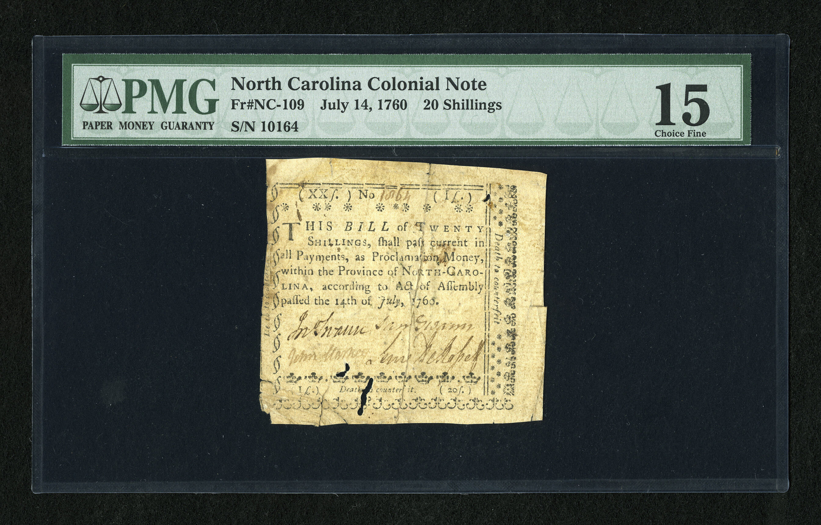 image for: North Carolina July 14, 1760 20s PMG Choice Fine 15....