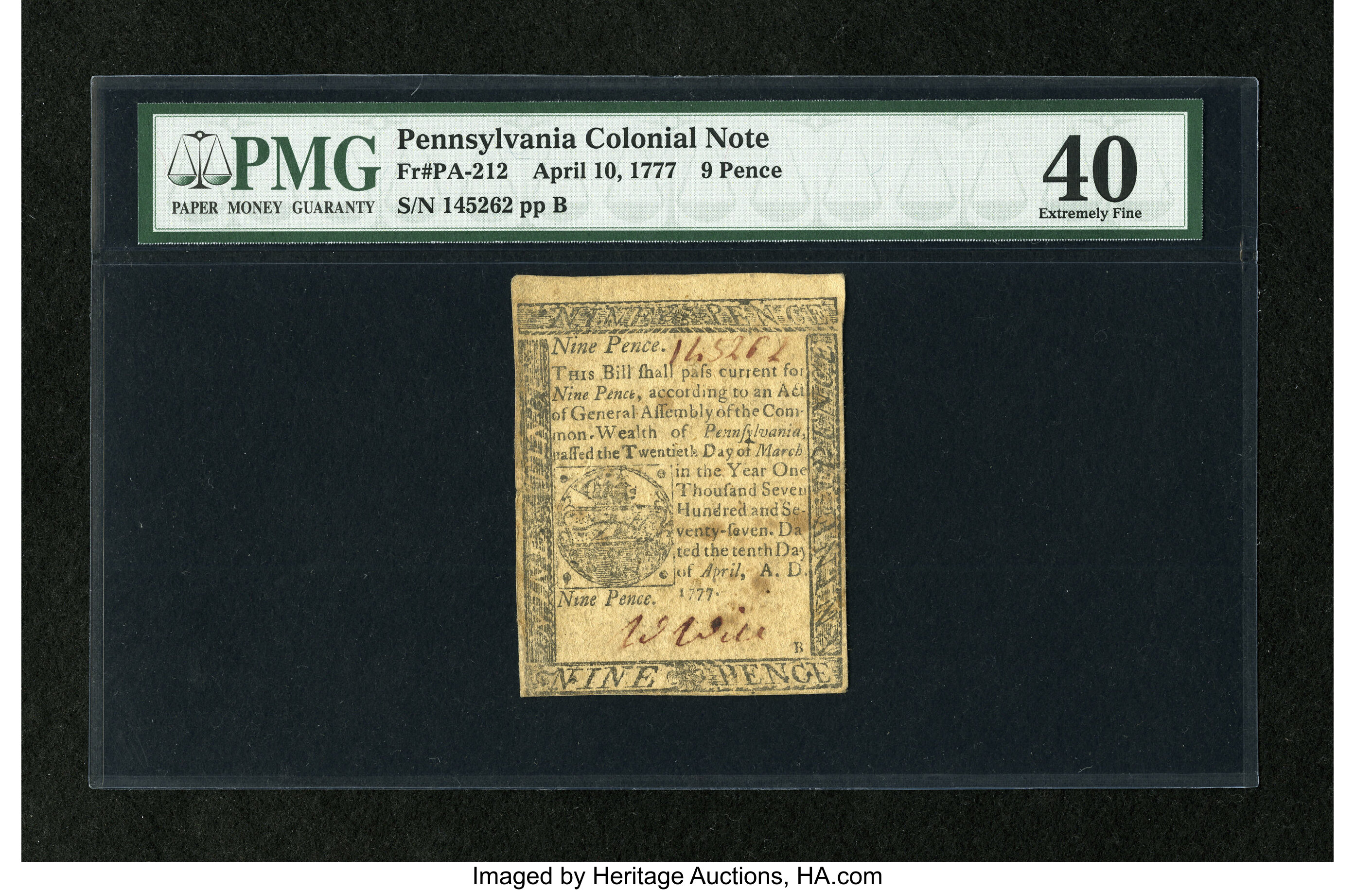 image for: Pennsylvania April 10, 1777 9d PMG Extremely Fine 40....