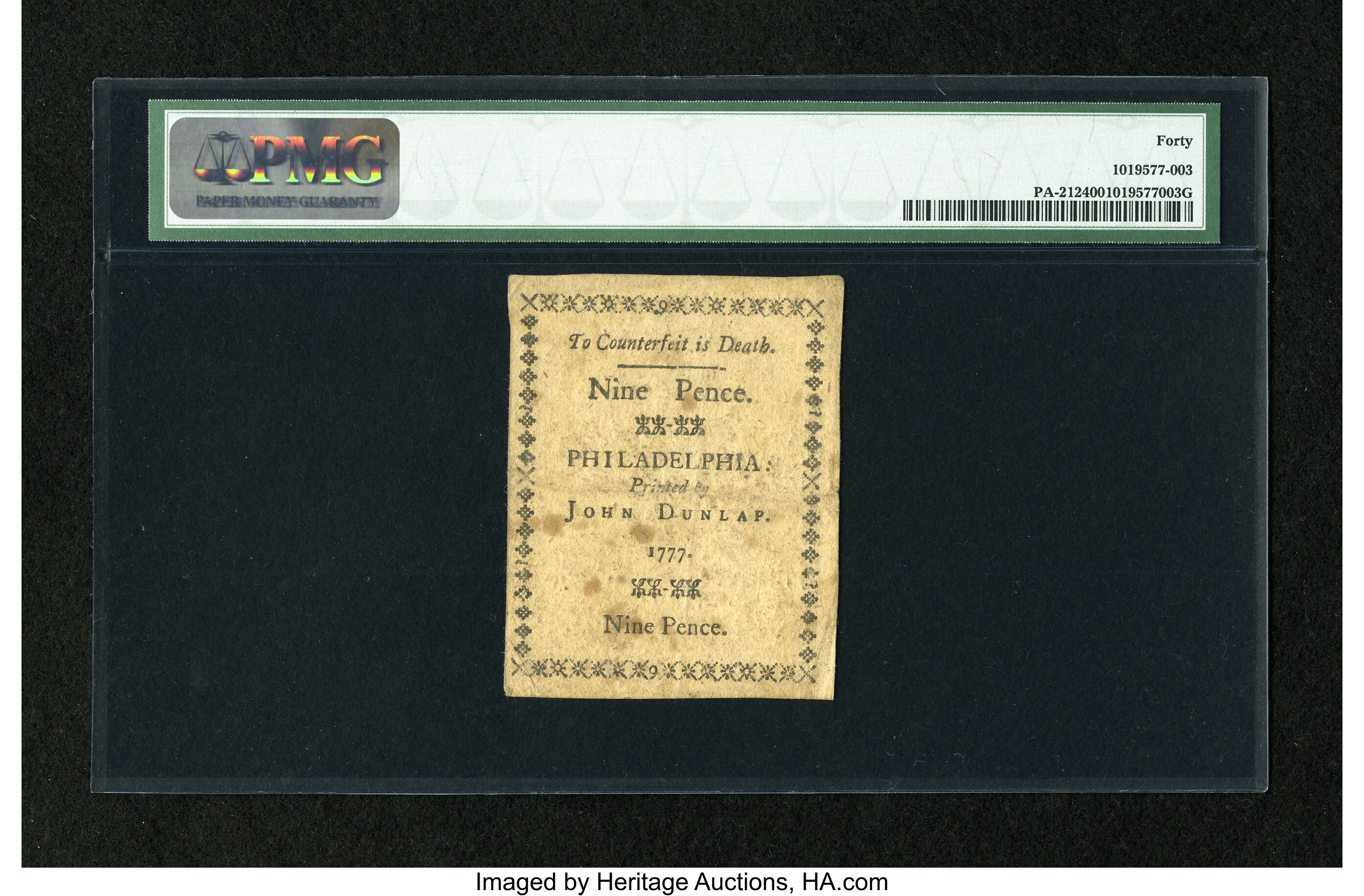 image for: Pennsylvania April 10, 1777 9d PMG Extremely Fine 40....