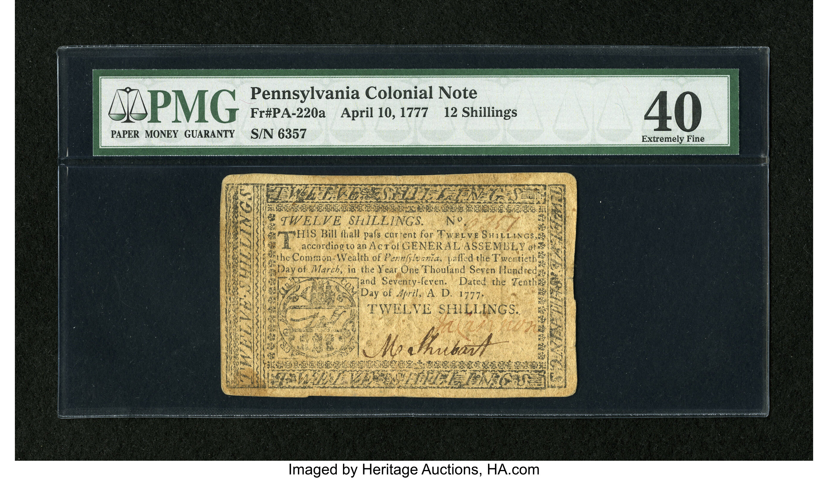 image for: Pennsylvania April 10, 1777 12s PMG Extremely Fine 40....