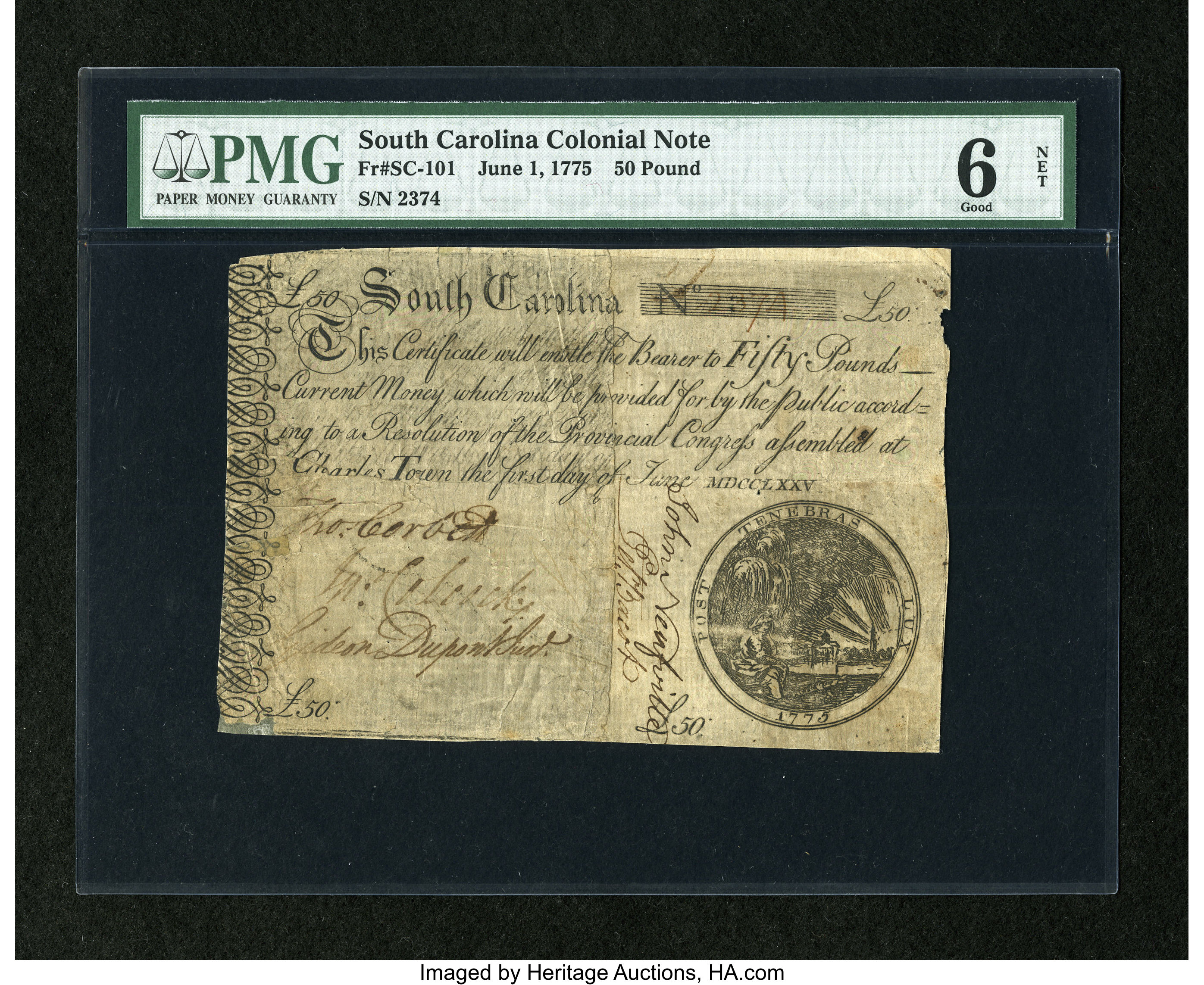 image for: South Carolina June 1, 1775 L50 PMG Good 6 Net....