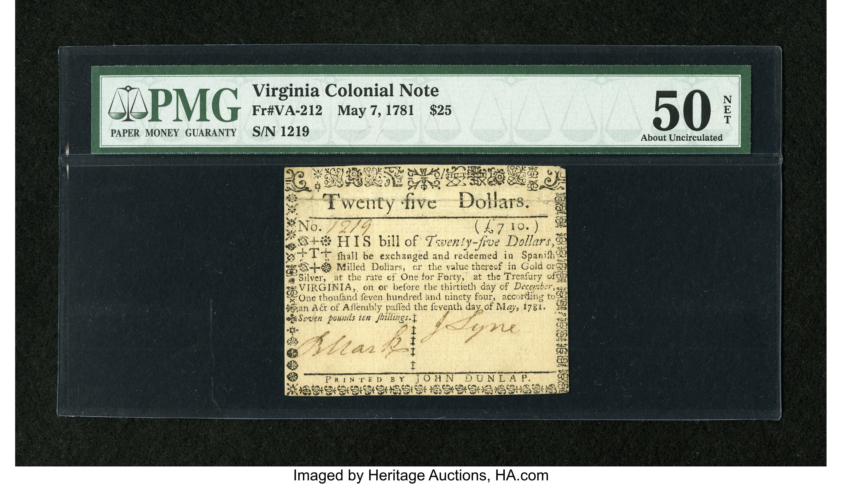 image for: Virginia May 7, 1781 $25 PMG About Uncirculated 50 Net....