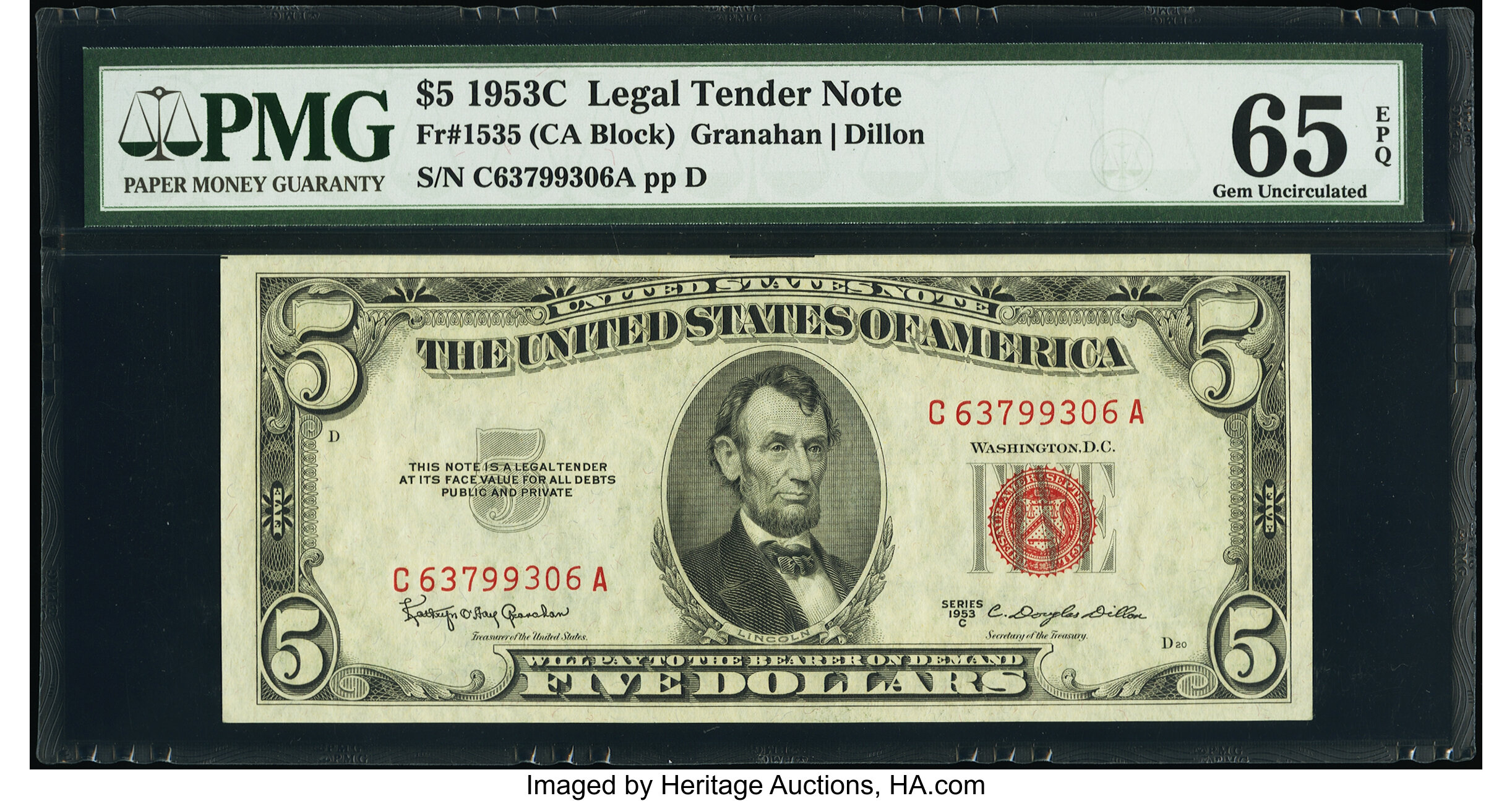 image for: Fr. 1535 $5 1953C Legal Tender Note. PMG Gem Uncirculated 65 EPQ....