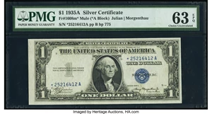 image for: Fr. 1608* $1 1935A Mule Silver Certificate Star. PMG Choice Uncirculated 63 EPQ....