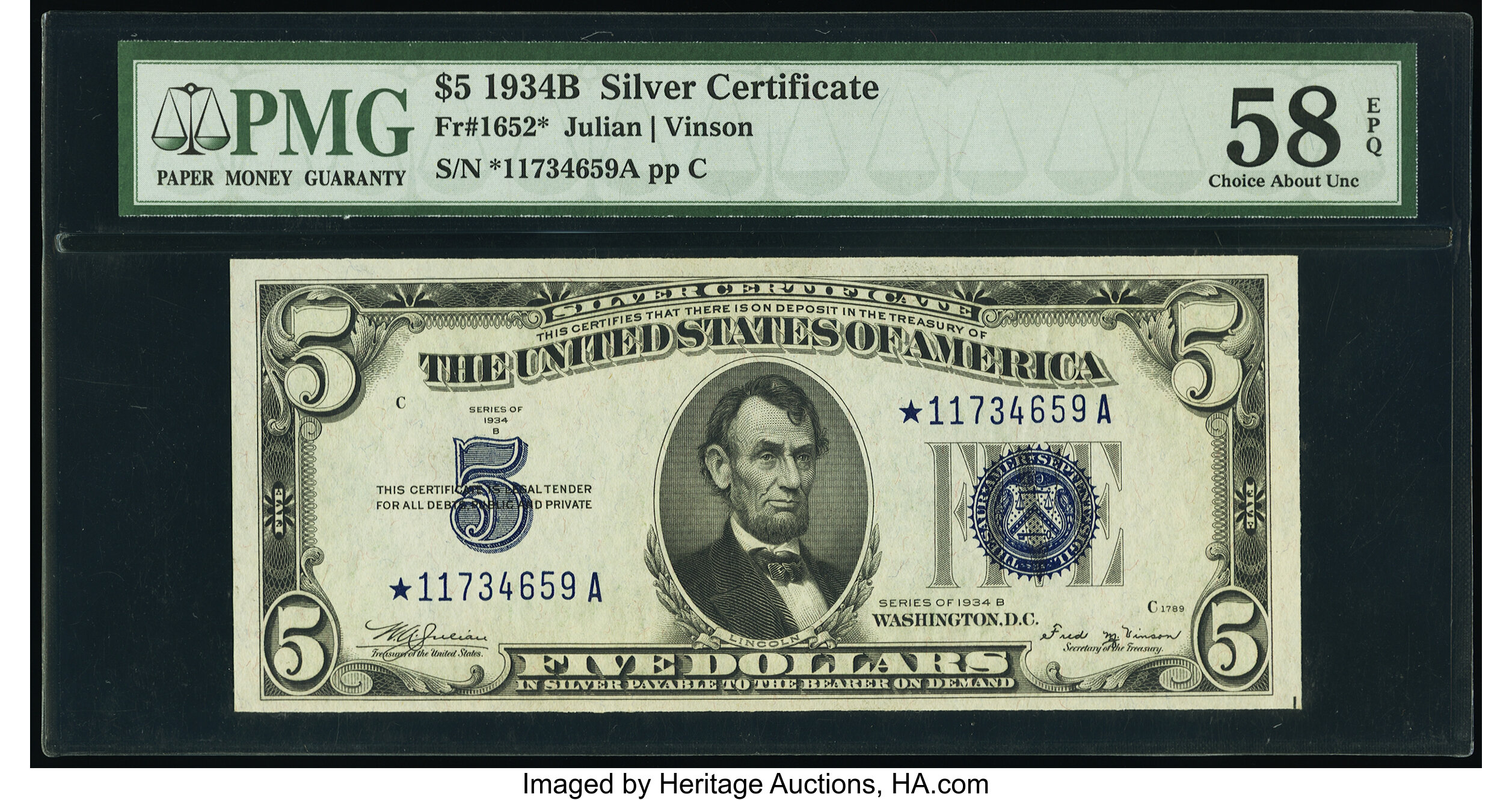 image for: Fr. 1652* $5 1934B Silver Certificate Star. PMG Choice About Unc 58 EPQ....