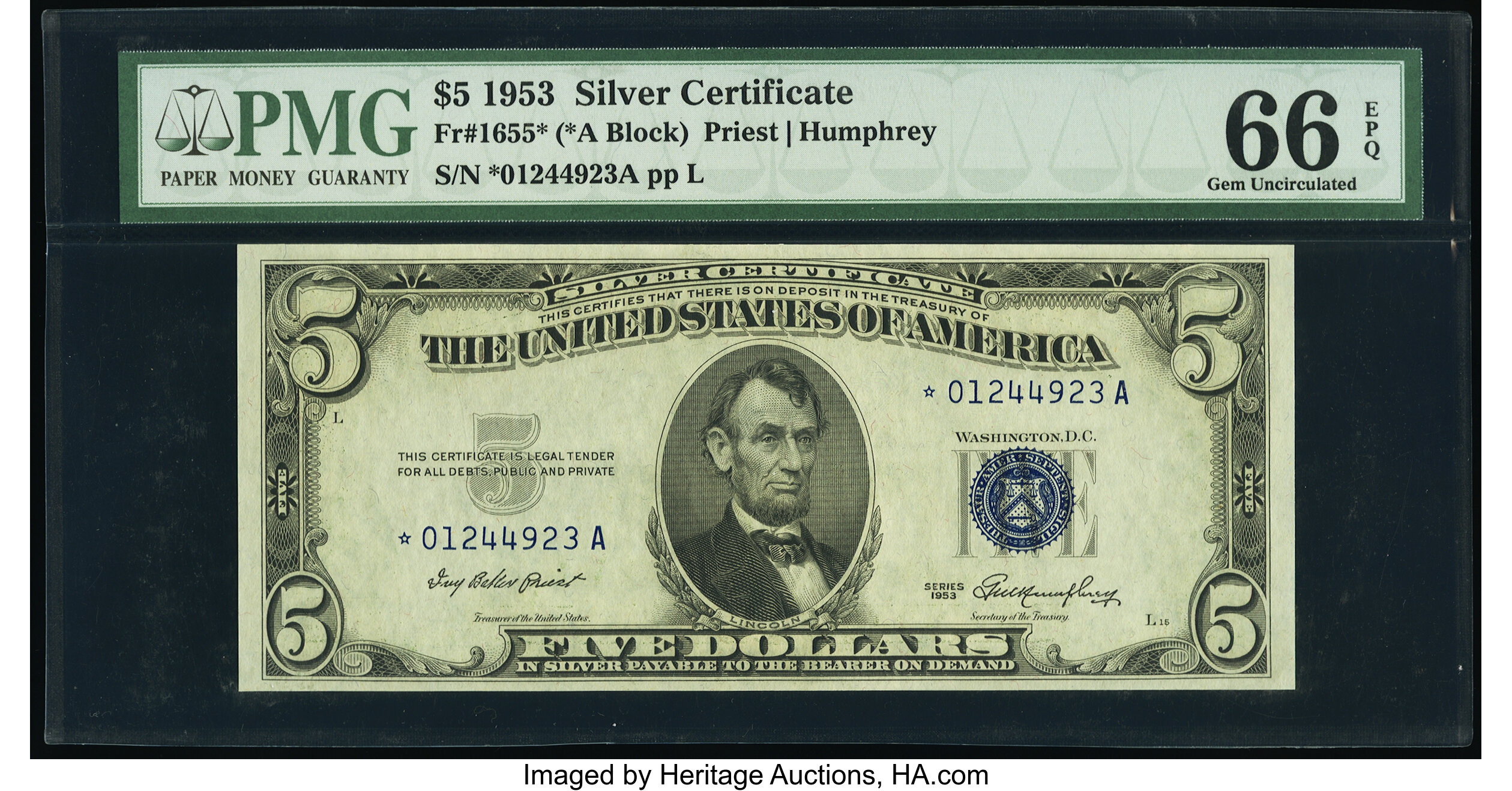 image for: Fr. 1655* $5 1953 Silver Certificate Star. PMG Gem Uncirculated 66 EPQ....
