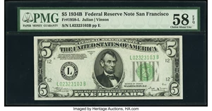 image for: Fr. 1958-L $5 1934B Federal Reserve Note. PMG Choice About Unc 58 EPQ....