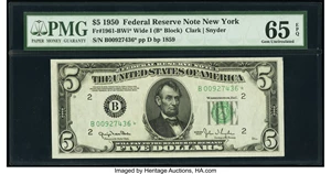 image for: Fr. 1961-B* $5 1950 Wide I Federal Reserve Star Note. PMG Gem Uncirculated 65 EPQ....