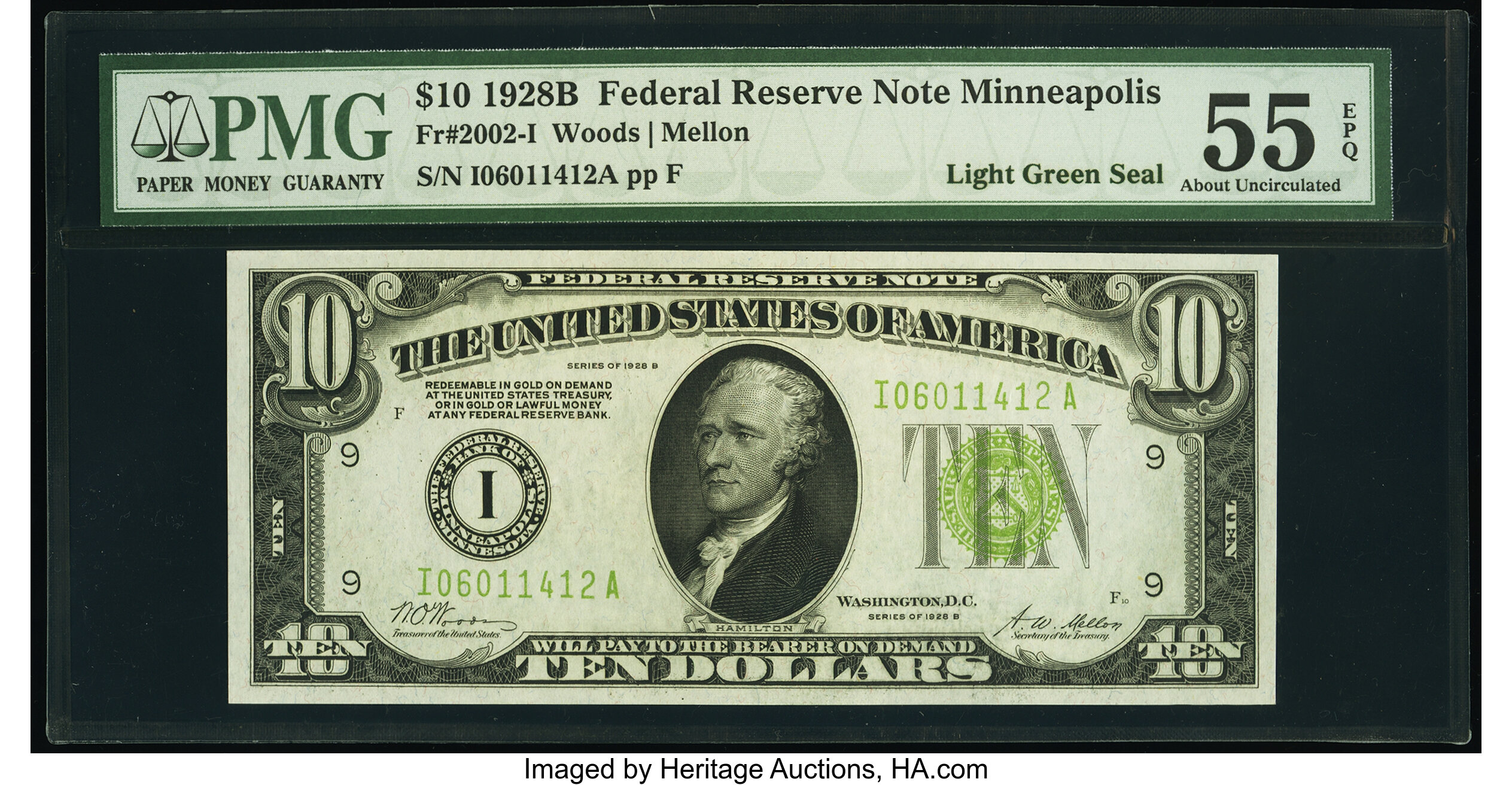 image for: Fr. 2002-I $10 1928B Light Green Seal Federal Reserve Note. PMG About Uncirculated 55 EPQ....
