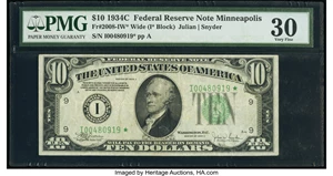 image for: Fr. 2008-I* $10 1934C Wide Federal Reserve Star Note. PMG Very Fine 30....