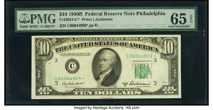 image for: Fr. 2012-C* $10 1950B Federal Reserve Star Note. PMG Gem Uncirculated 65 EPQ....
