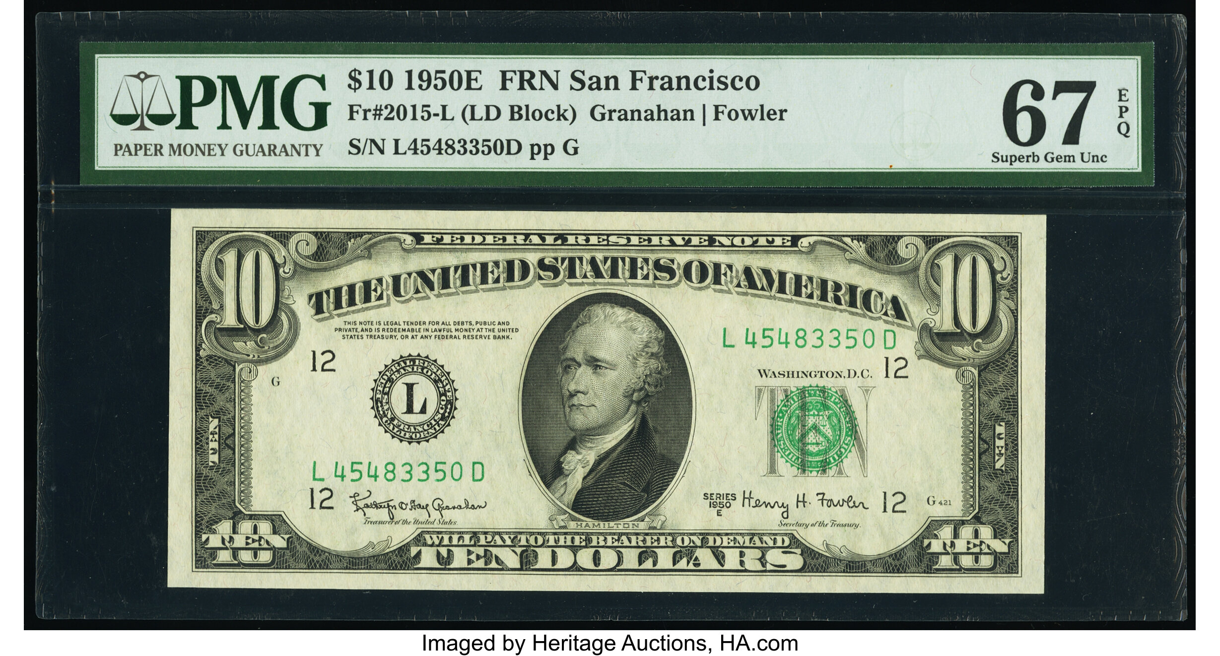 image for: Fr. 2015-L $10 1950E Federal Reserve Note. PMG Superb Gem Unc 67 EPQ....