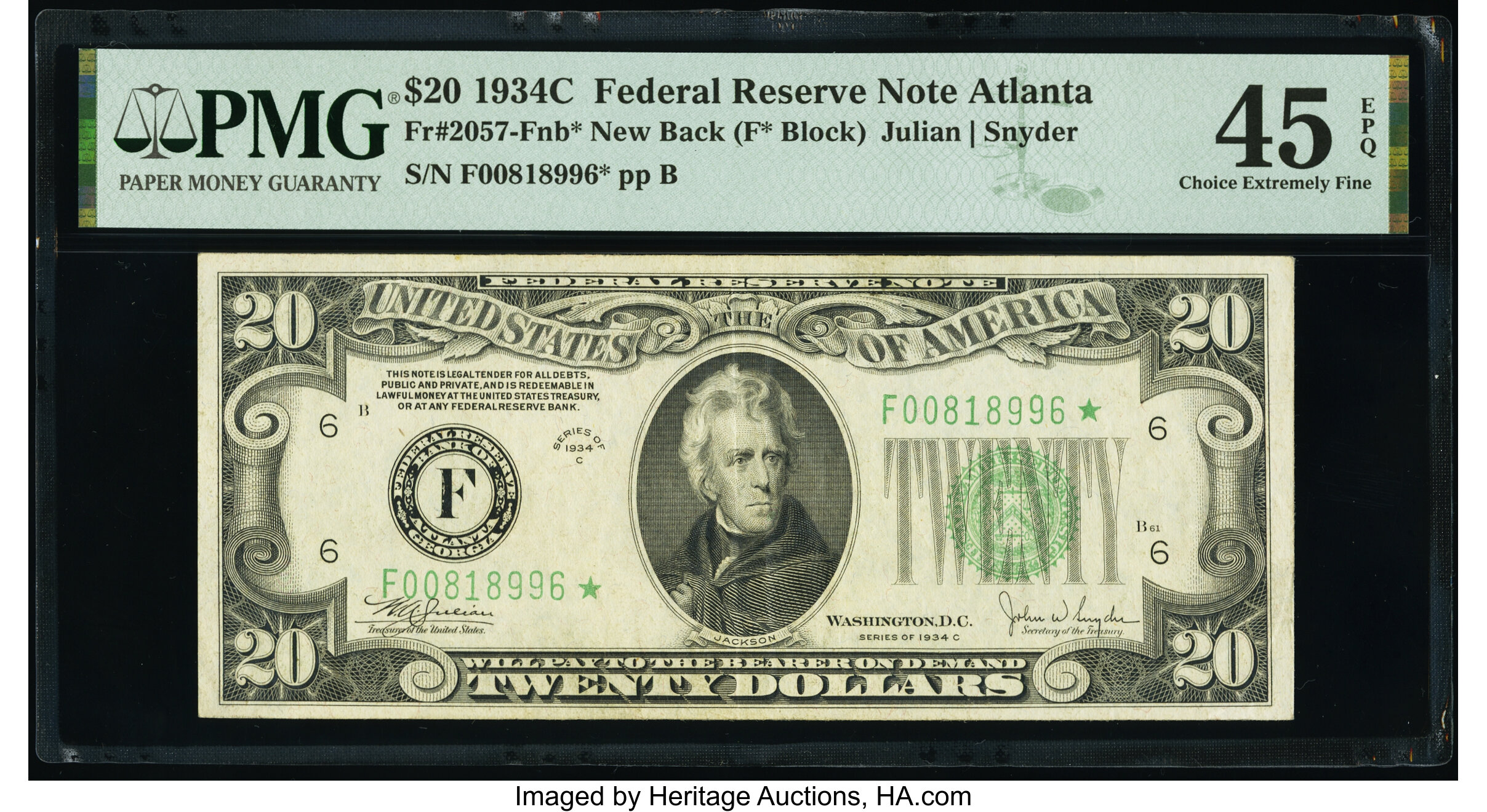 image for: Fr. 2057-F* $20 1934C New Back Federal Reserve Star Note. PMG Choice Extremely Fine 45 EPQ....