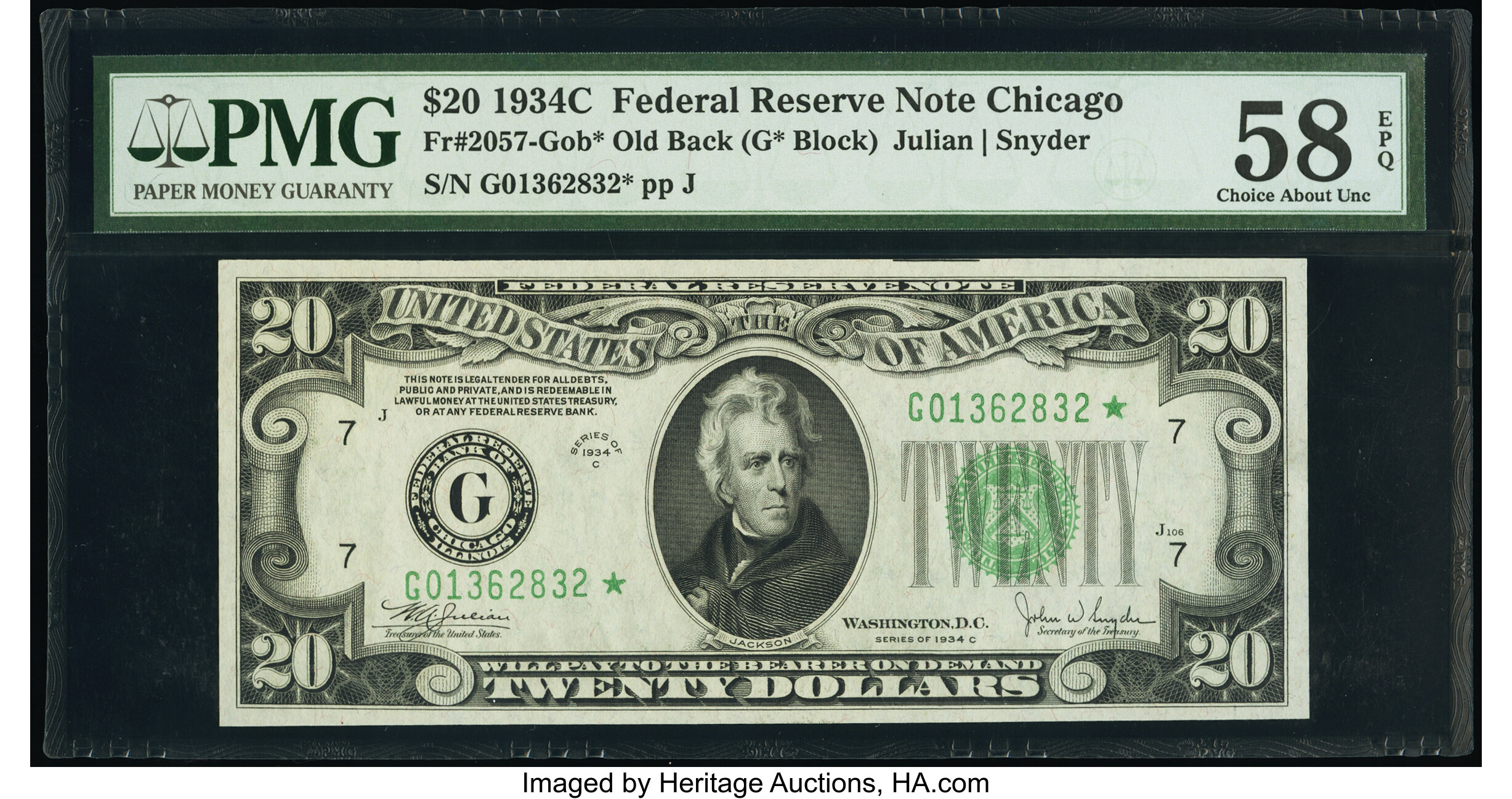 image for: Fr. 2057-G* $20 1934C Old Back Federal Reserve Star Note. PMG Choice About Unc 58 EPQ....
