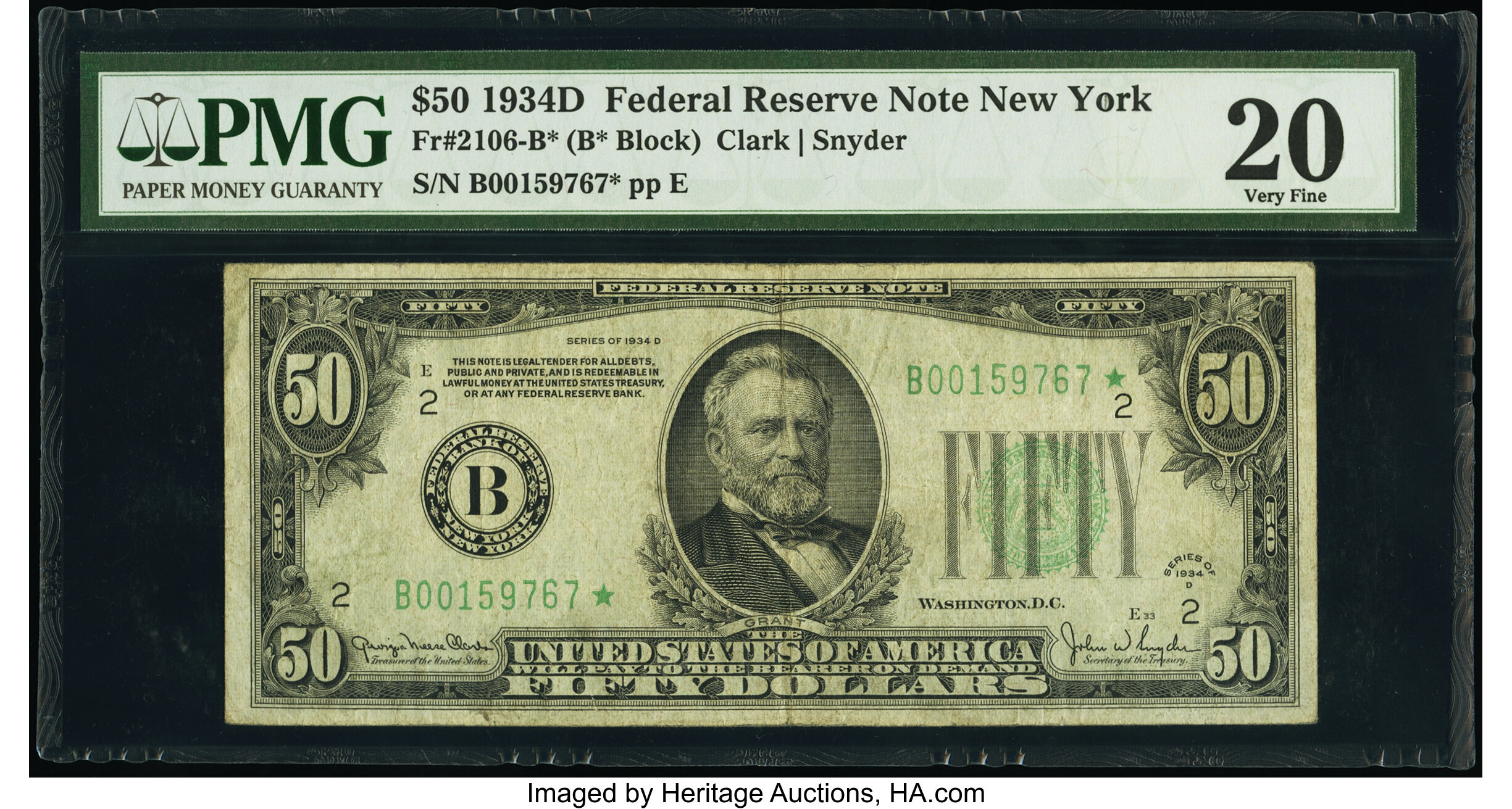 image for: Fr. 2106-B* $50 1934D Federal Reserve Star Note. PMG Very Fine 20....
