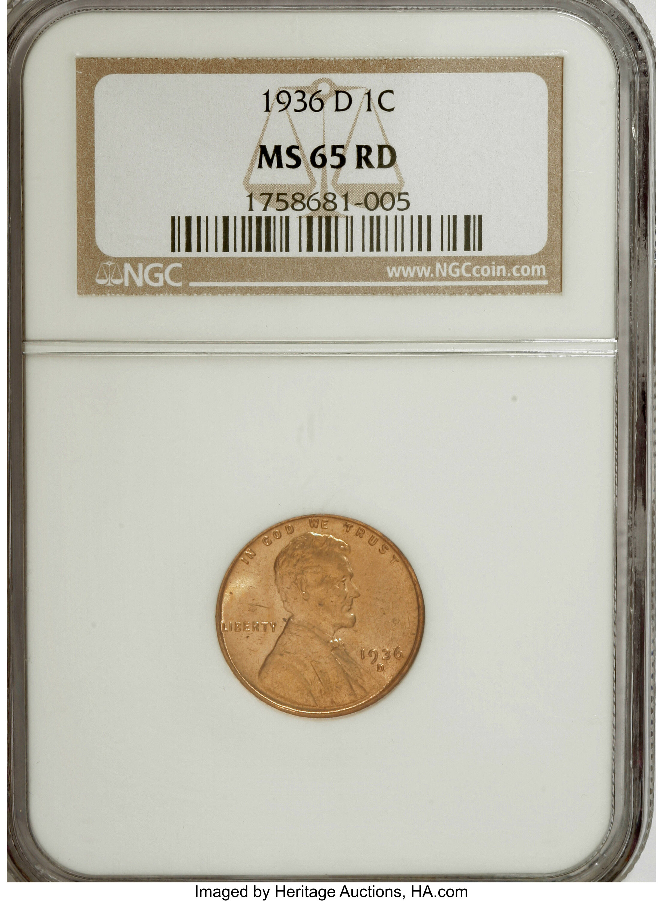 1936-D 1C MS65 Red NGC. NGC Census: (166/1178). PCGS Population (180/943). Mintage: 40,620,000. Numismedia Wsl. Price for N...
