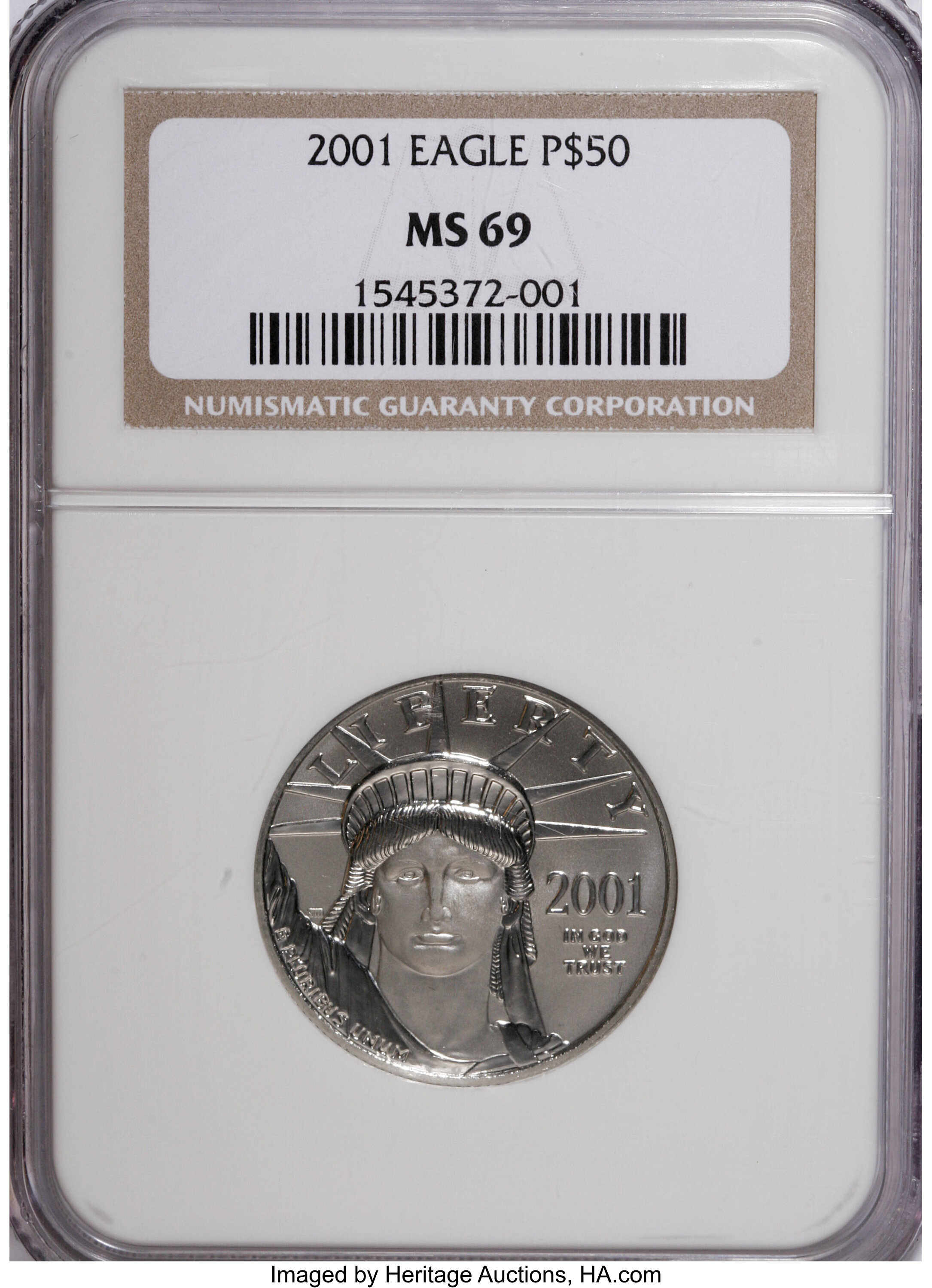 image for: 2001 P$50 Half-Ounce Platinum Eagle MS69 NGC. NGC Census: (0/0). PCGS Population (683/1). Mintage: 12,815. Numismedia Wsl. ...