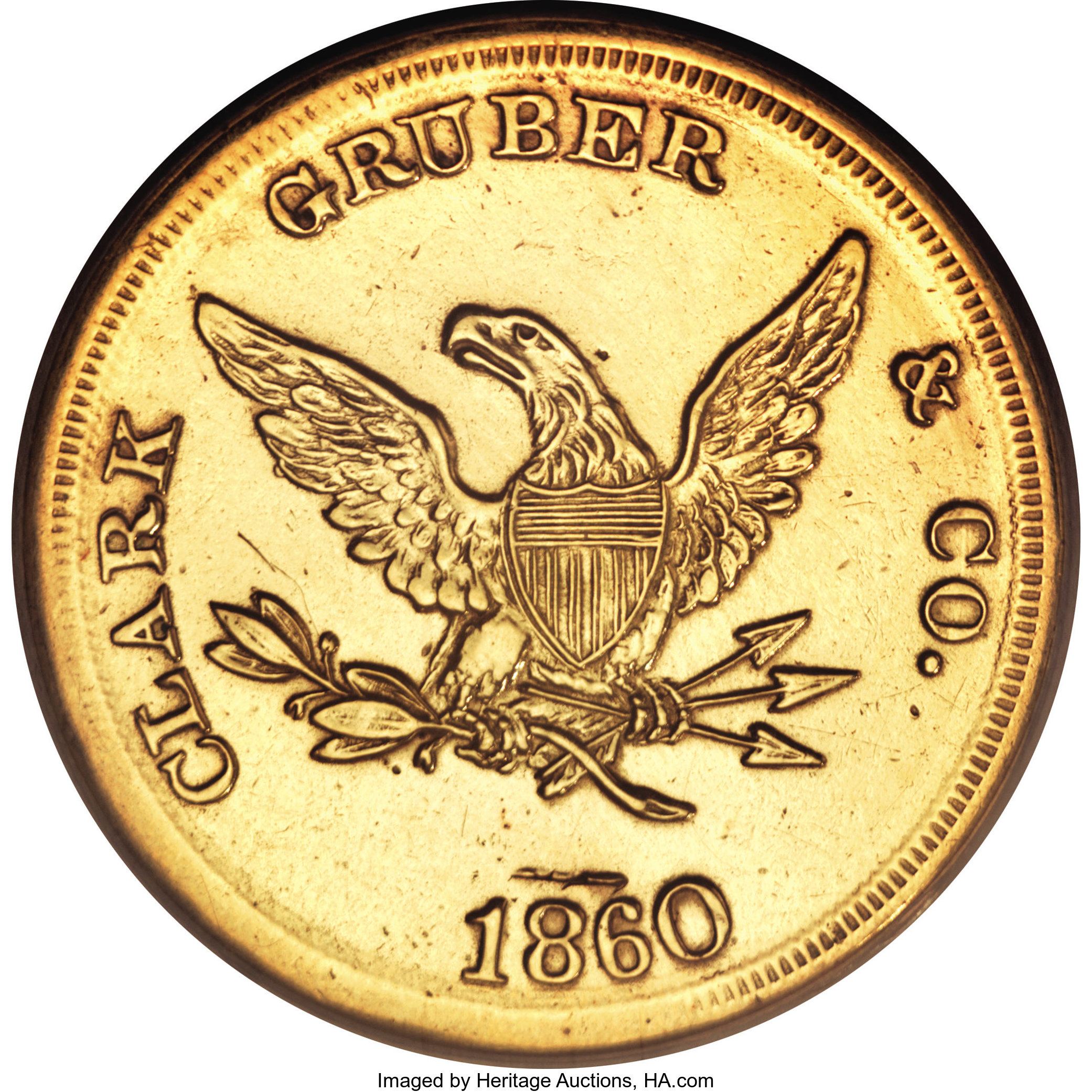 image for: 1860 $20 Clark, Gruber $20 Copper Die Trial--Scratched, Plated--NCS. AU Details....