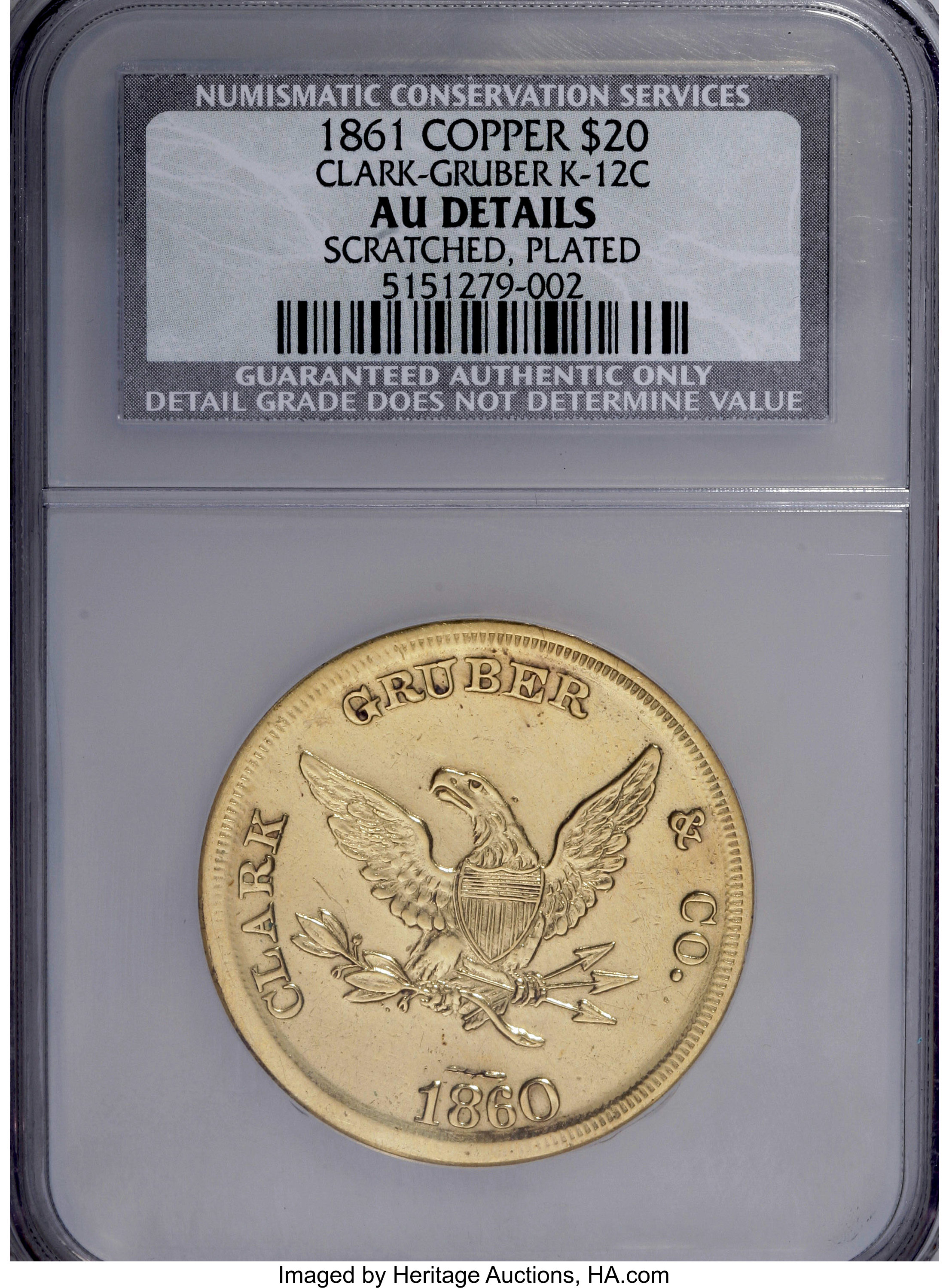 image for: 1860 $20 Clark, Gruber $20 Copper Die Trial--Scratched, Plated--NCS. AU Details....