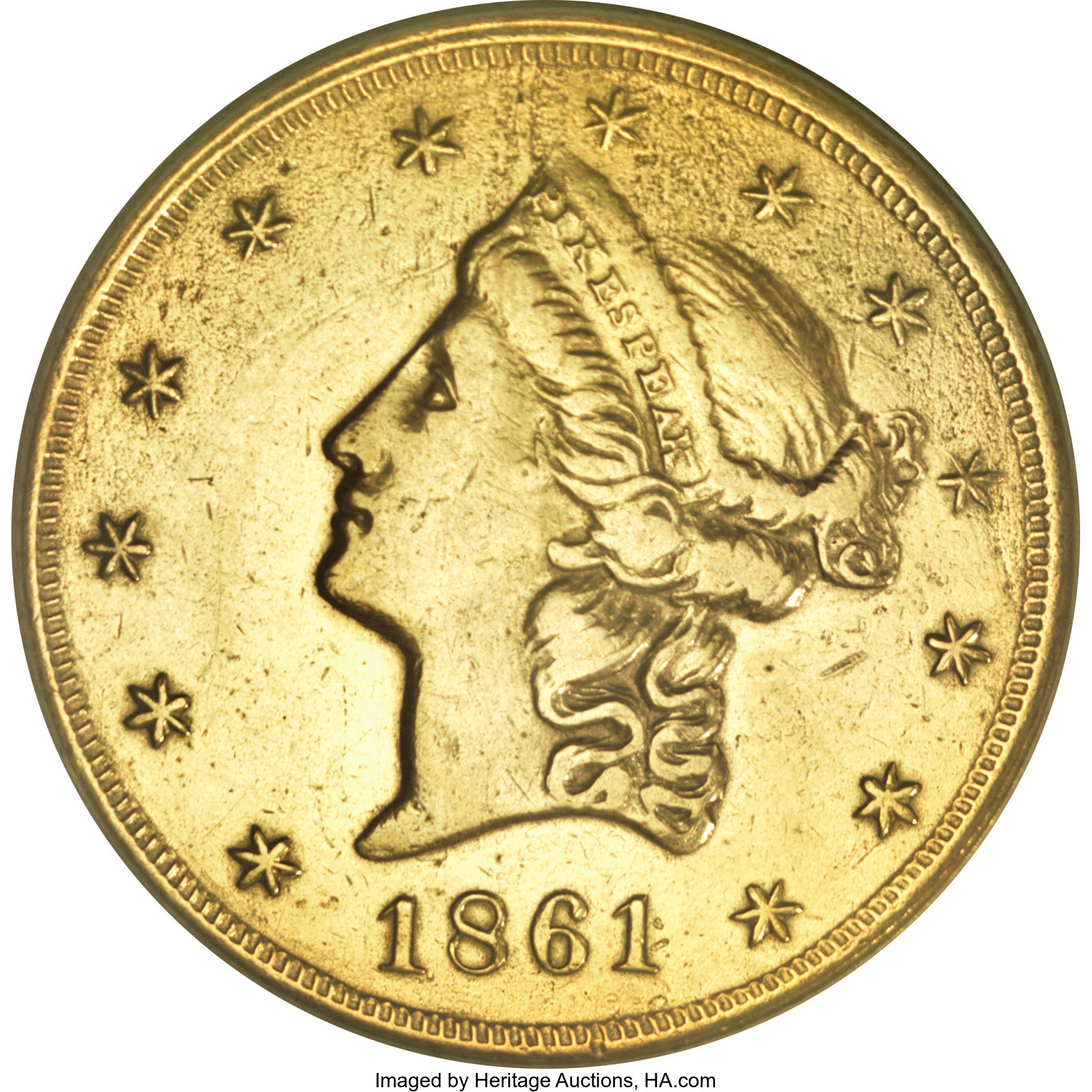 image for: 1861 $20 Clark, Gruber $20 Copper Die Trial--Plated--NCS. AU Details....