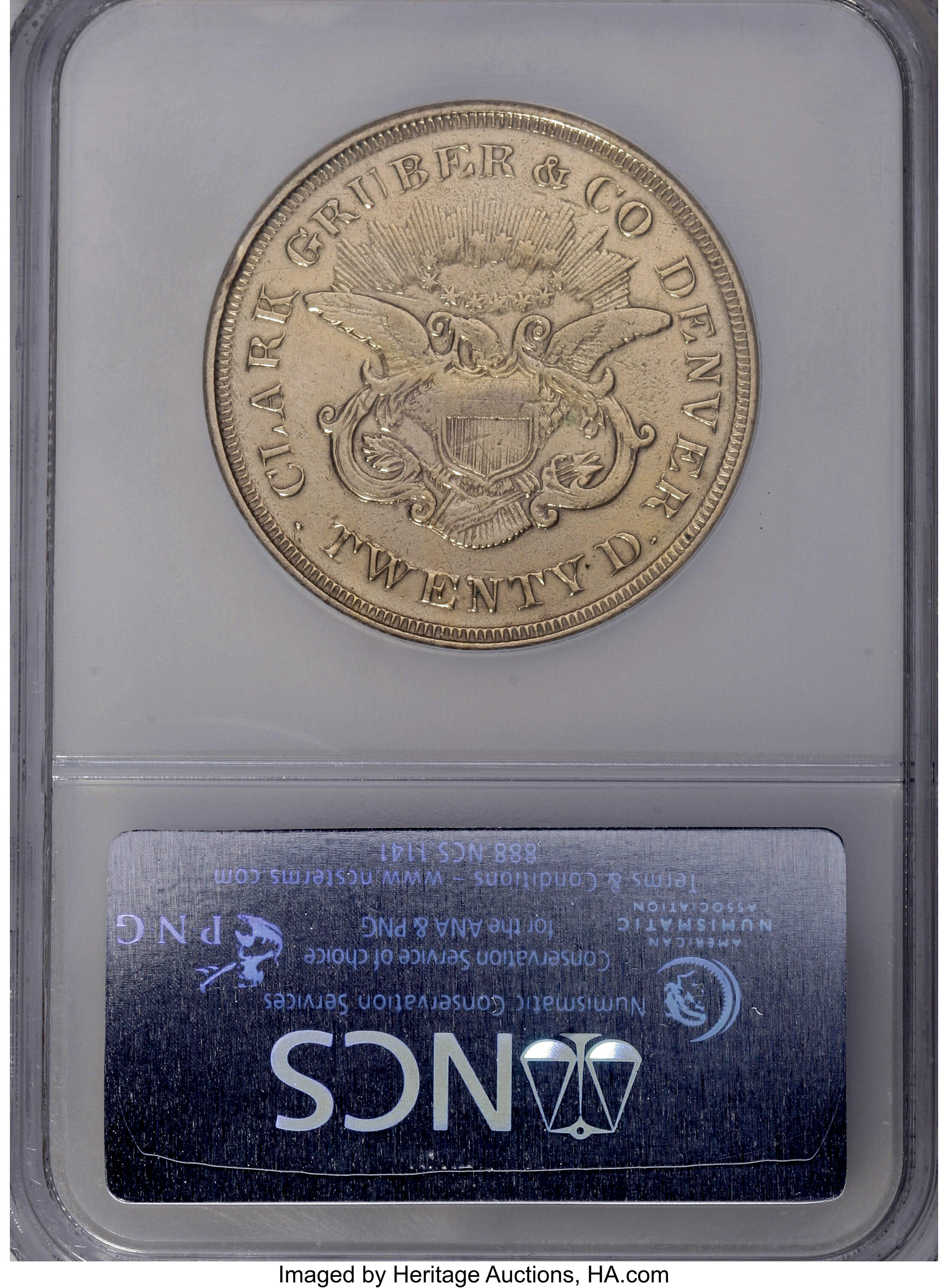 image for: 1861 $20 Clark, Gruber $20 Copper Die Trial--Plated--NCS. AU Details....