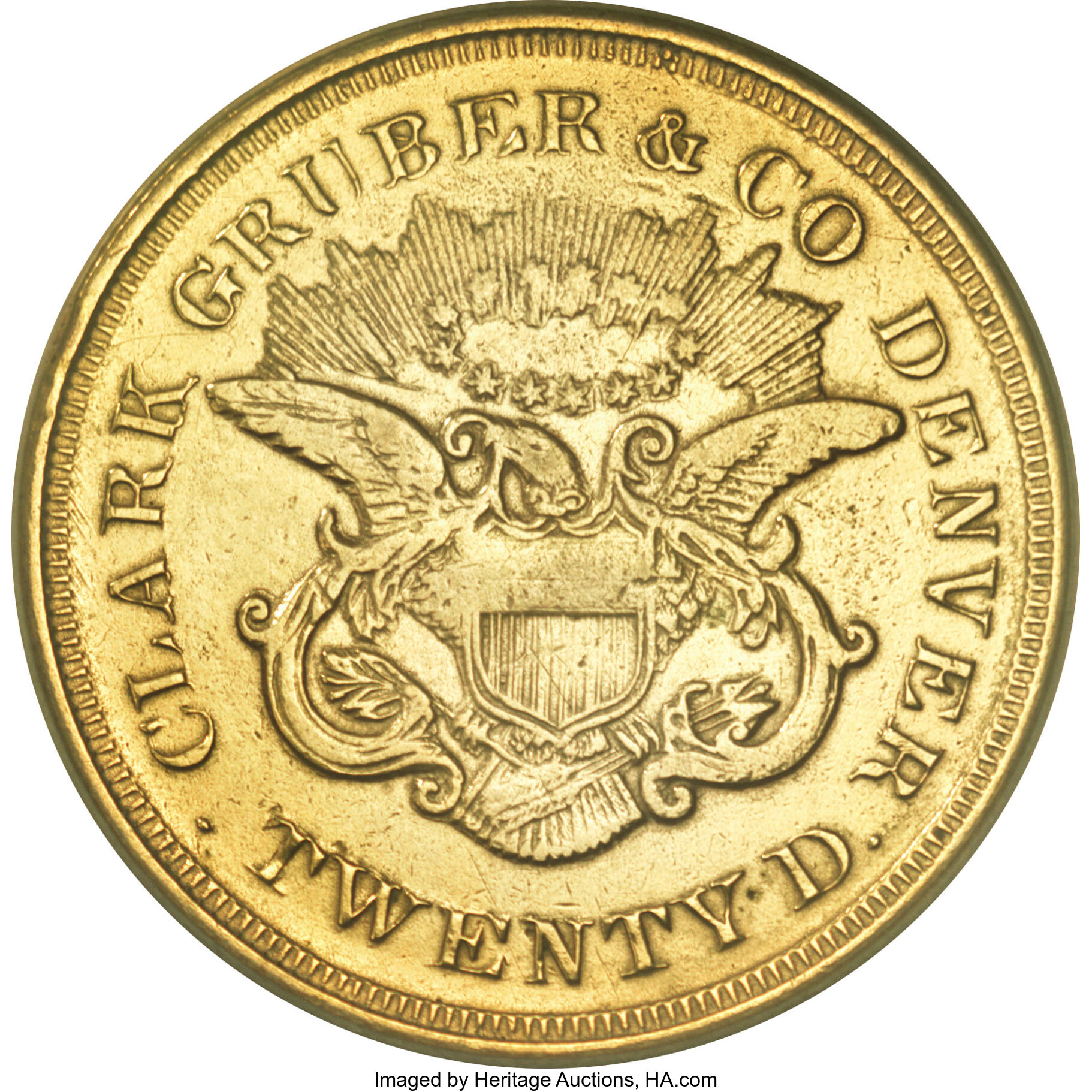 image for: 1861 $20 Clark, Gruber $20 Copper Die Trial--Plated--NCS. AU Details....