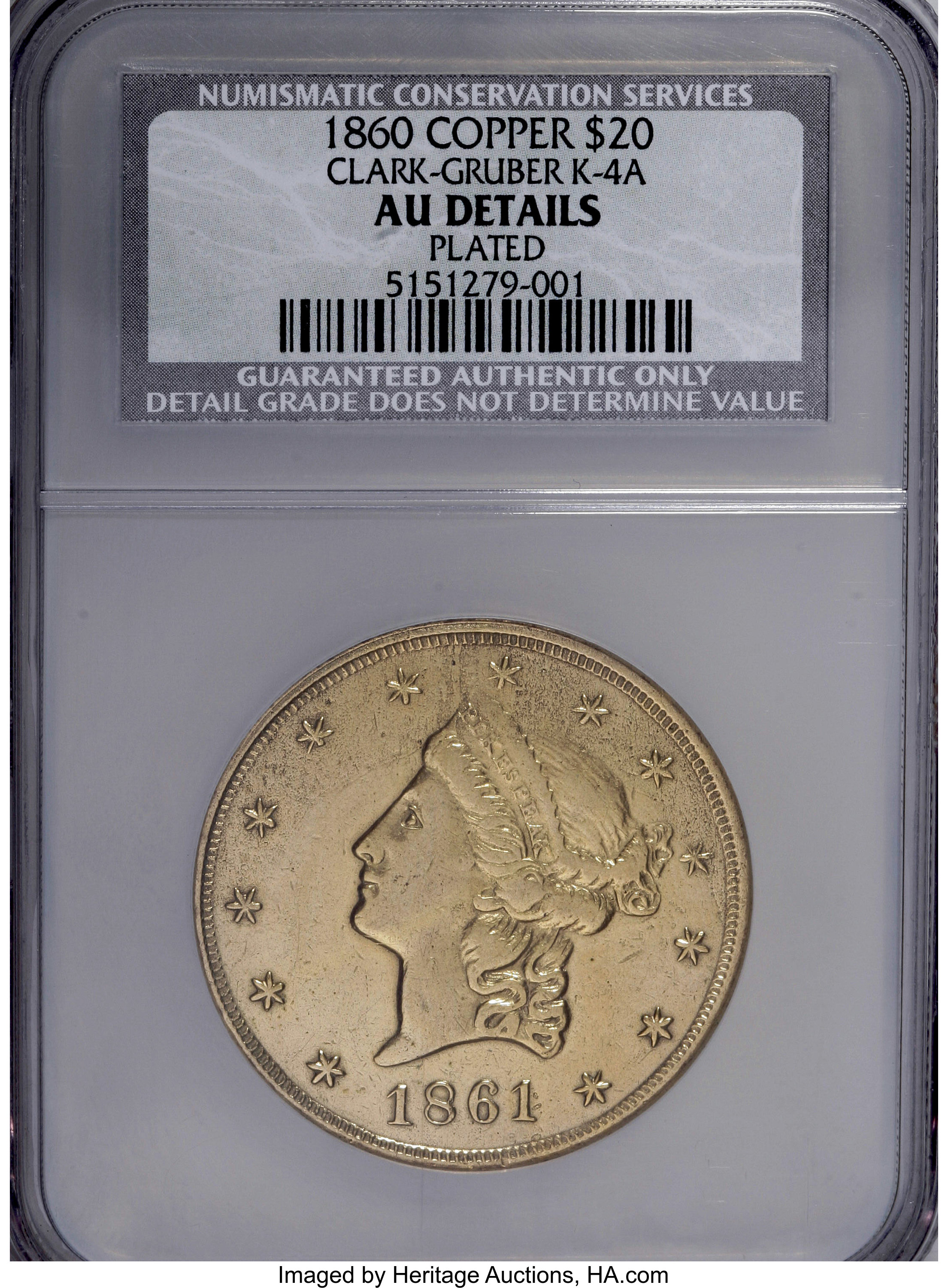 image for: 1861 $20 Clark, Gruber $20 Copper Die Trial--Plated--NCS. AU Details....