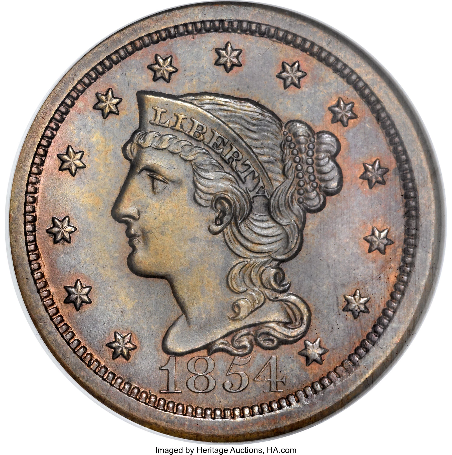1854 Large Cent Matron Cent UNC Beautifully toned - US Coin
