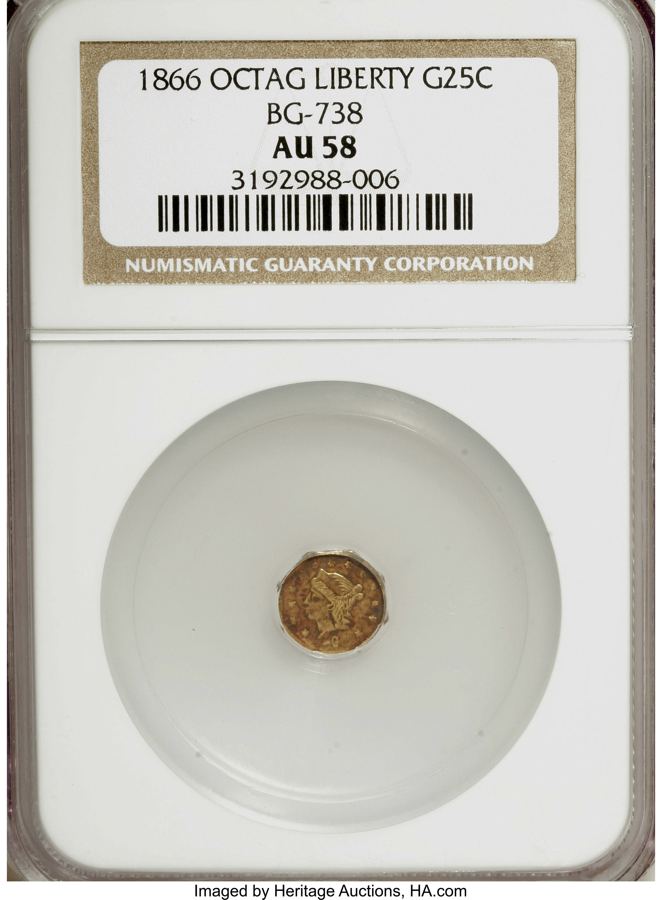 image for: 1866 25C Liberty Octagonal 25 Cents, BG-738, R.7, AU58 NGC. NGC Census: (1/1). PCGS Population (2/6).   (#10565)...