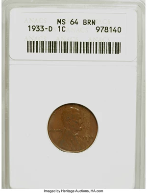 image for: 1933-D 1C MS64 Brown ANACS. NGC Census: (5/1). PCGS Population (5/4). Mintage: 6,200,000. Numismedia Wsl. Price for NGC/PCG...
