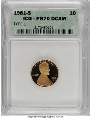 image for: 1981-S 1C Type One PR70 Deep Cameo ICG. NGC Census: (0/0). PCGS Population (8/0). Numismedia Wsl. Price for NGC/PCGS coin ...