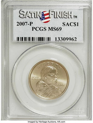image for: 2007-P SAC$1 Satin Finish MS69 PCGS. PCGS Population (308/0). NGC Census: (0/0). Numismedia W...
