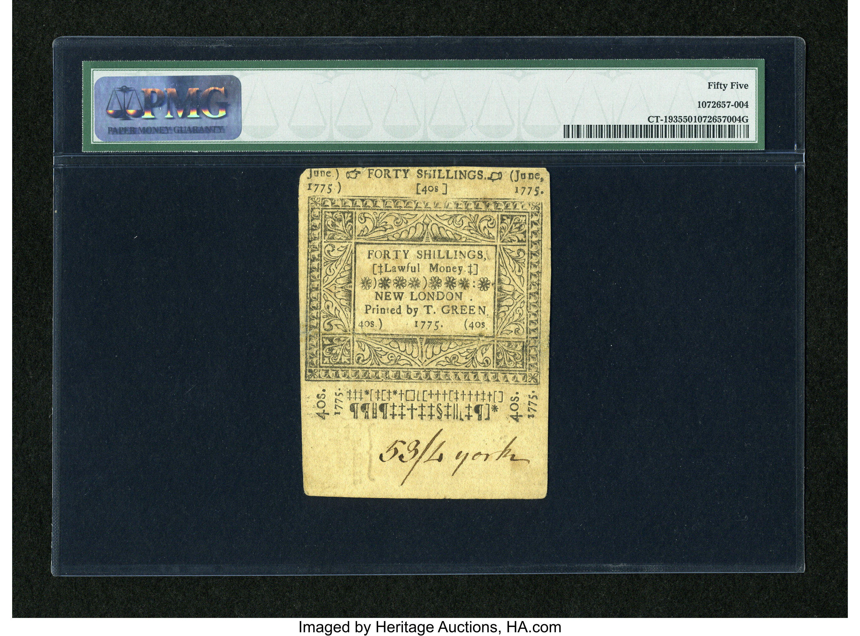 image for: Connecticut July 1, 1775 40s Uncancelled PMG About Uncirculated 55....