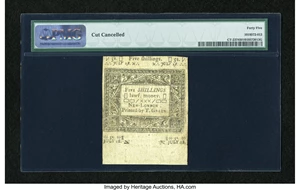 image for: Connecticut July 1, 1780 5s Cut Cancelled PMG Choice Extremely Fine 45....