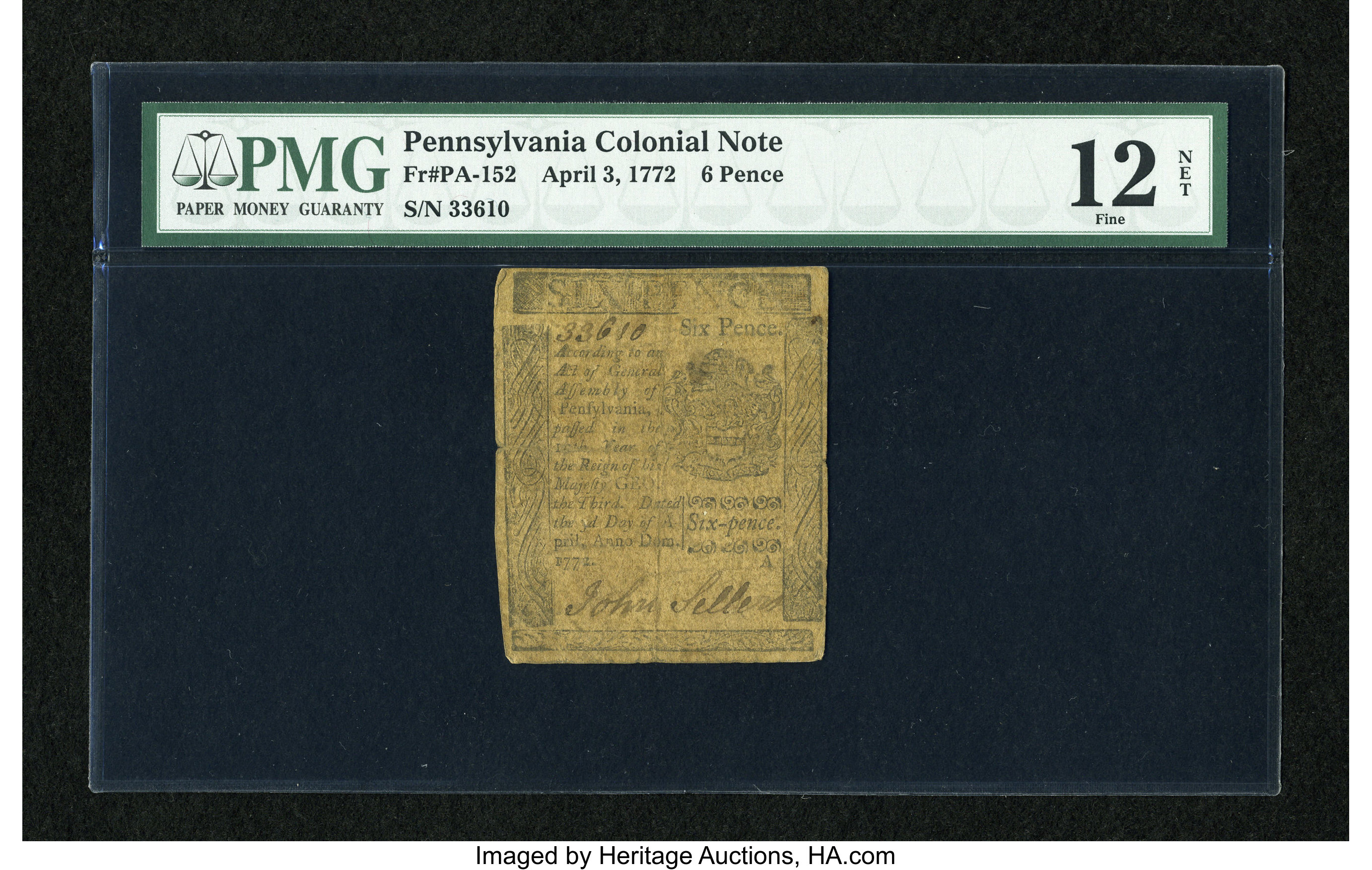 image for: Pennsylvania April 3, 1772 6d PMG Net Fine 12....