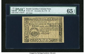 image for: South Carolina December 23, 1776 $3 PMG Gem Uncirculated 65 EPQ....
