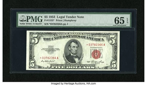 image for: Fr. 1532* $5 1953 Legal Tender Note. PMG Gem Uncirculated 65 EPQ....