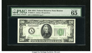 image for: Fr. 2054-A $20 1934 Dark Green Seal Federal Reserve Note. PMG Gem Uncirculated 65 EPQ....
