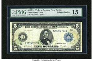 image for: Fr. 845 $5 1914 Federal Reserve Note PMG Choice Fine 15....