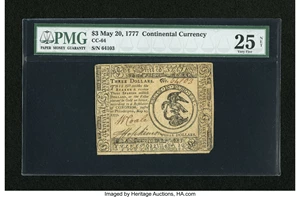 image for: Continental Currency May 20, 1777 $3 PMG Very Fine 25 Net....