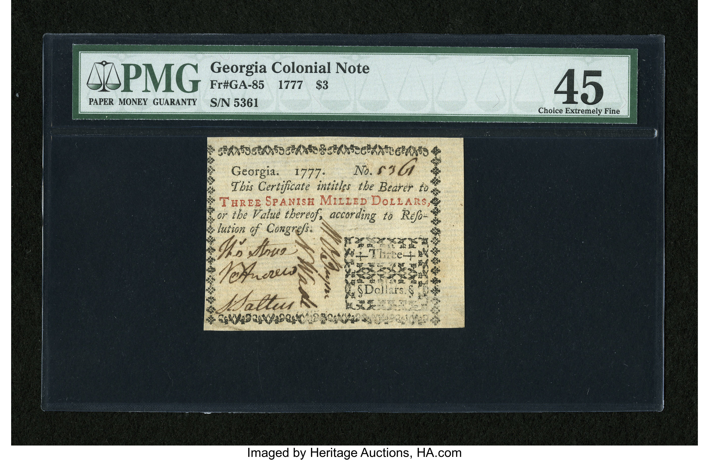 image for: Georgia 1777 $3 PMG Choice Extremely Fine 45....