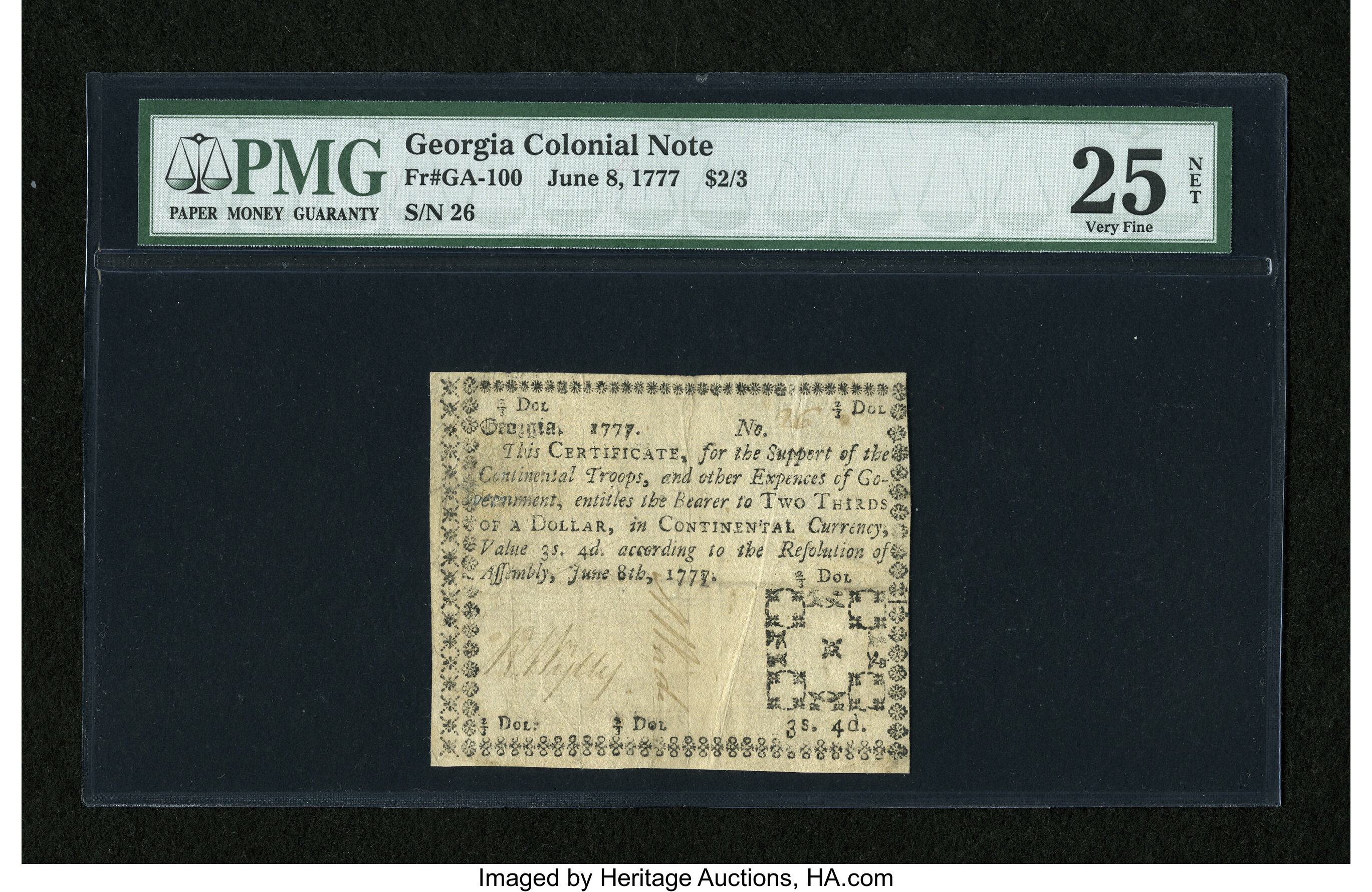 image for: Georgia June 8, 1777 $2/3 PMG Net Very Fine 25....