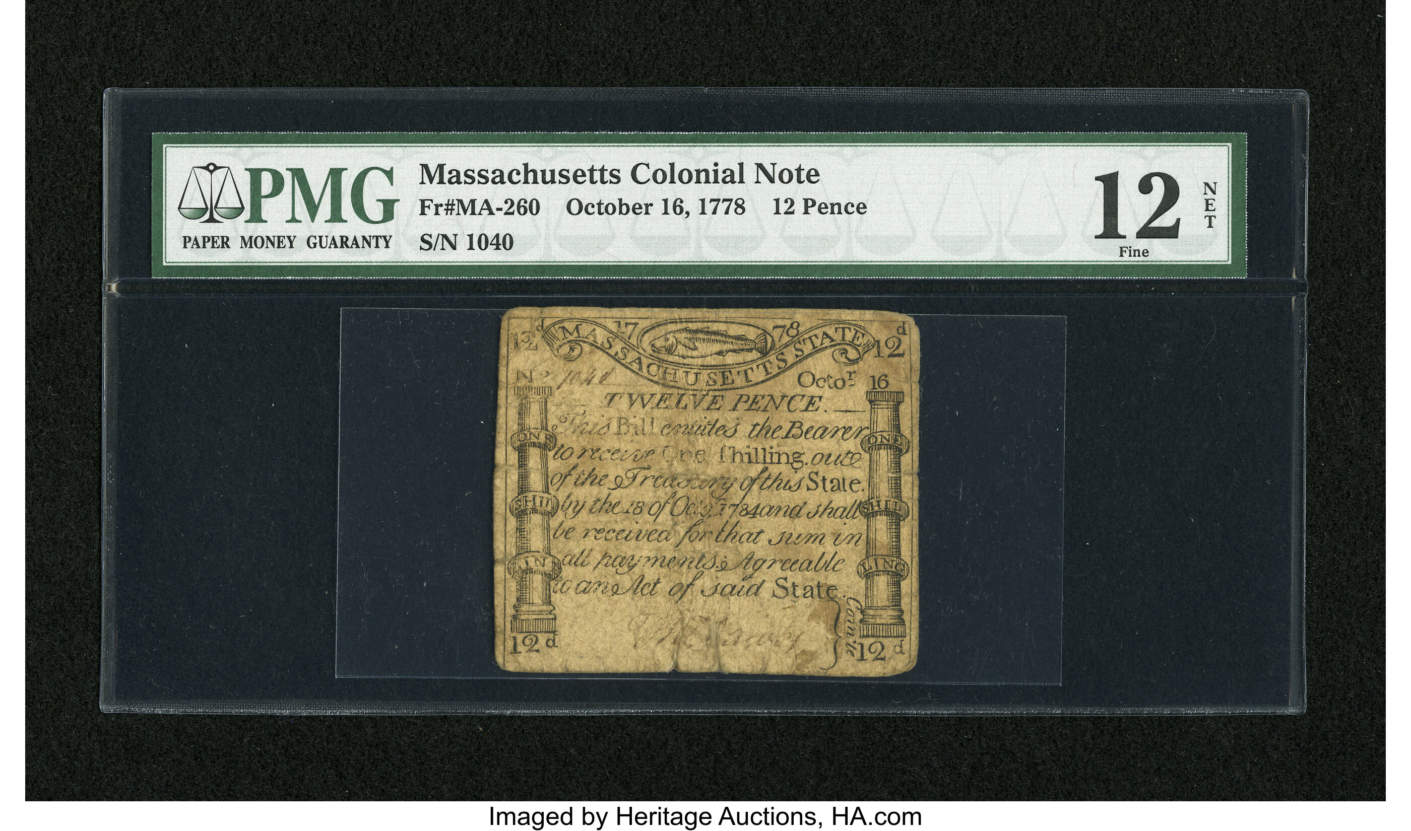 image for: Massachusetts October 16, 1778 12d PMG Fine 12 Net....