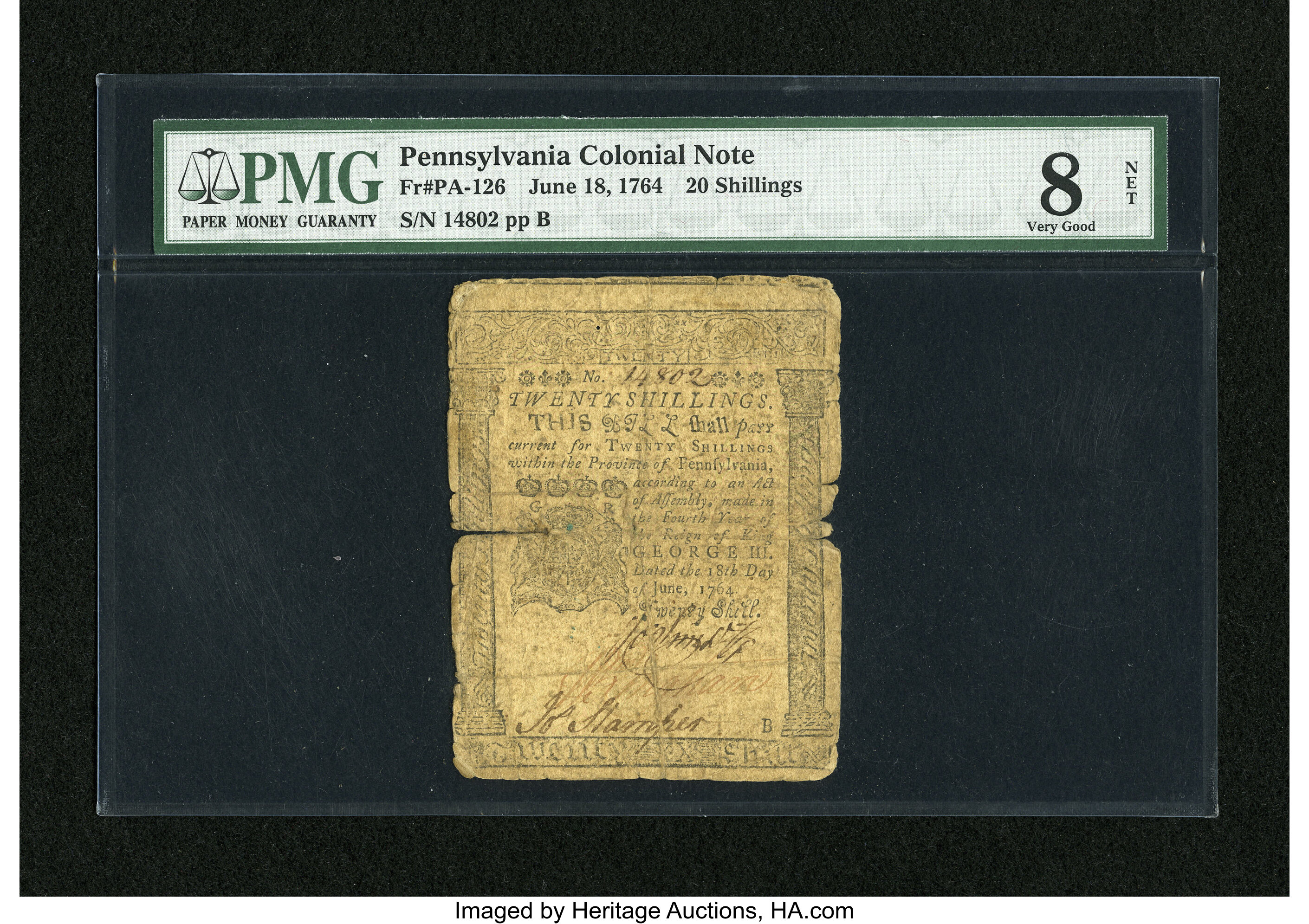 image for: Pennsylvania June 18, 1764 20s PMG Very Good 8 Net....