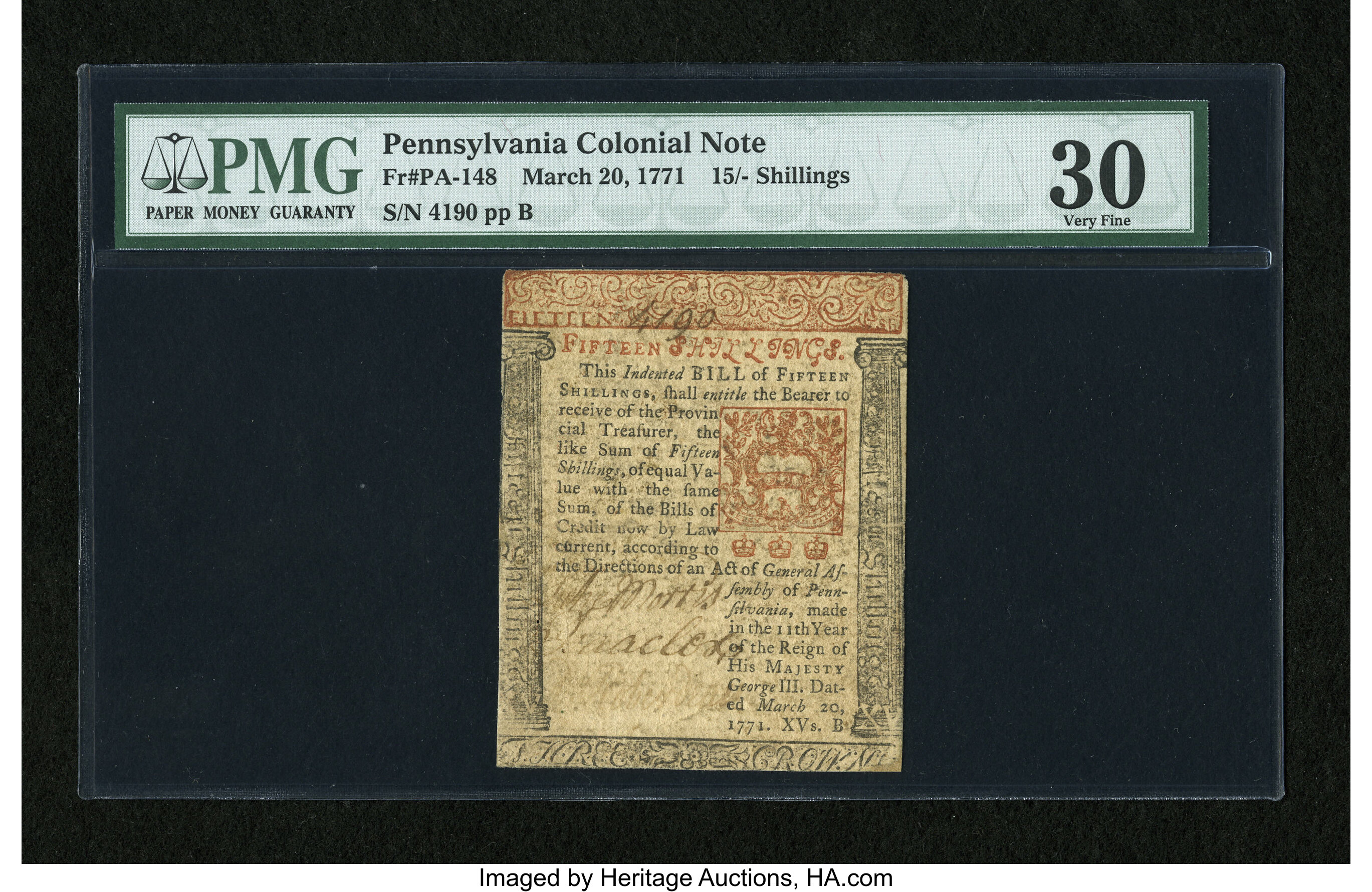 image for: Pennsylvania March 20, 1771 15s PMG Very Fine 30....