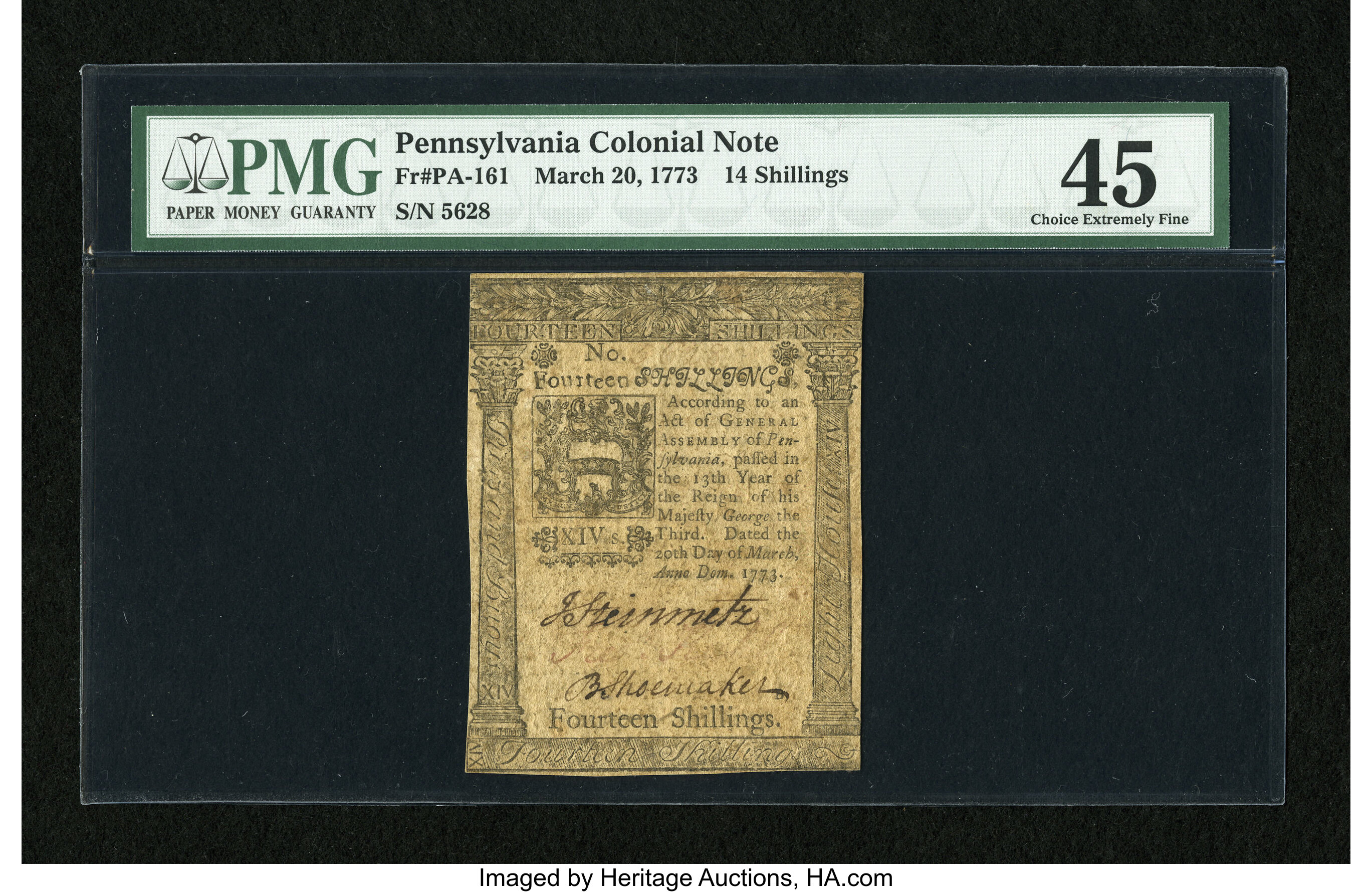 image for: Pennsylvania March 20, 1773 14s PMG Choice Extremely Fine 45....