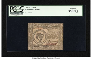 image for: Continental Currency July 22, 1776 $8 PCGS Very Fine 35PPQ....